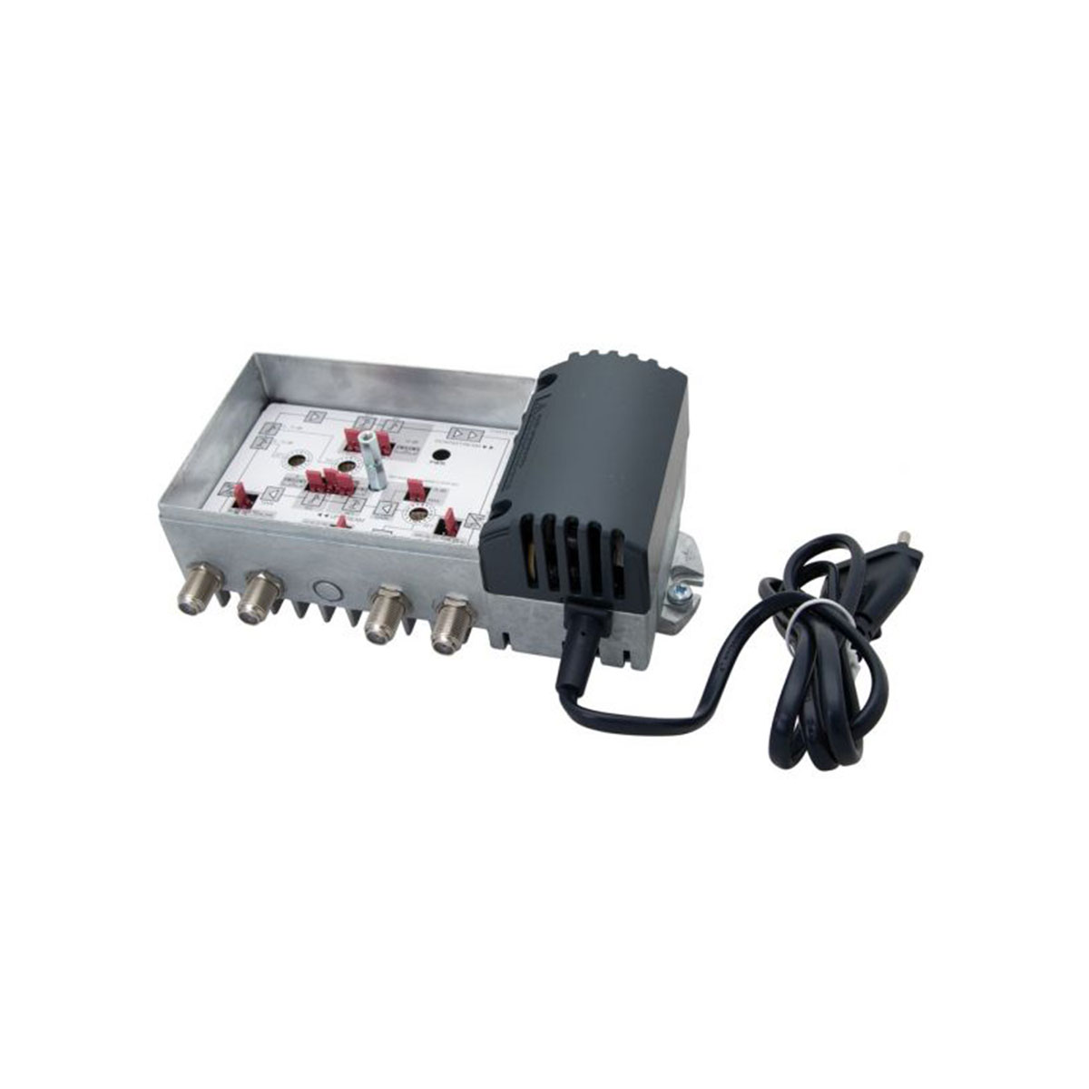Elektronisches Gerät mit schwarzem Netzkabel, silbernem Gehäuse und verschiedenen Anschlüssen.