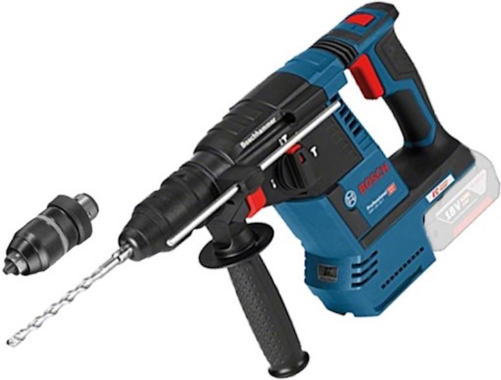 Blau-schwarzer Bosch Bohrhammer mit zwei Bohreraufsätzen. Weißer Hintergrund.