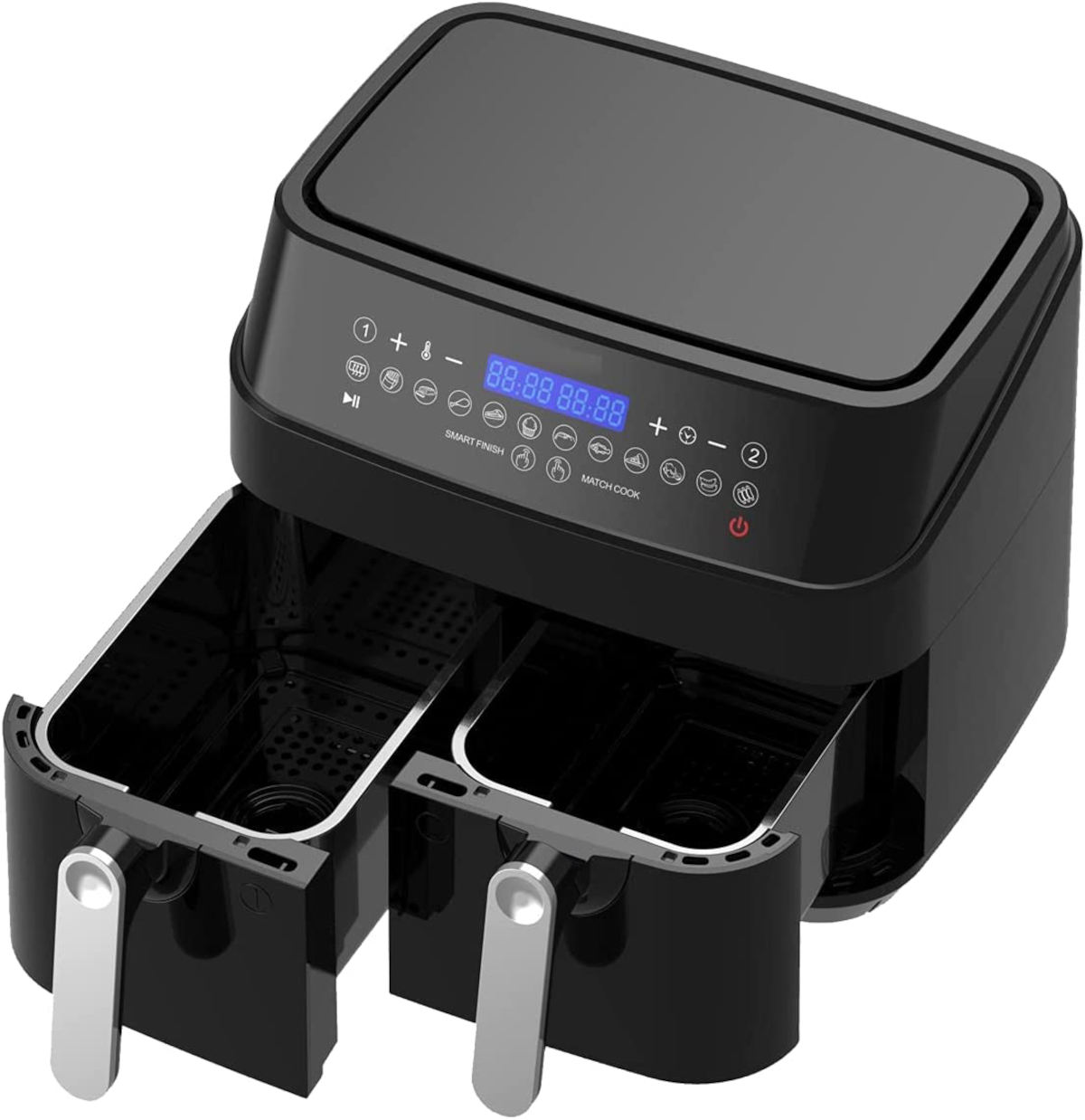 Schwarze Heißluftfritteuse mit zwei Kammern und digitalem Display oben.