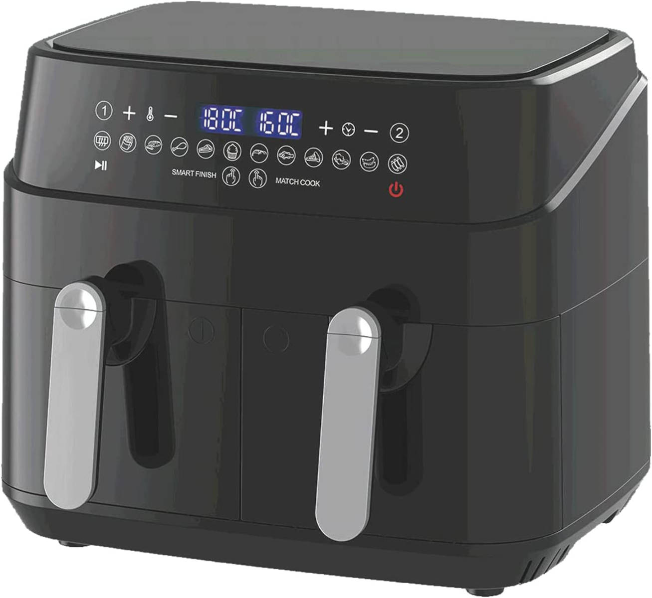 Schwarze Doppel-Korb-Heißluftfritteuse mit Digitalanzeige und silbernen Griffen.