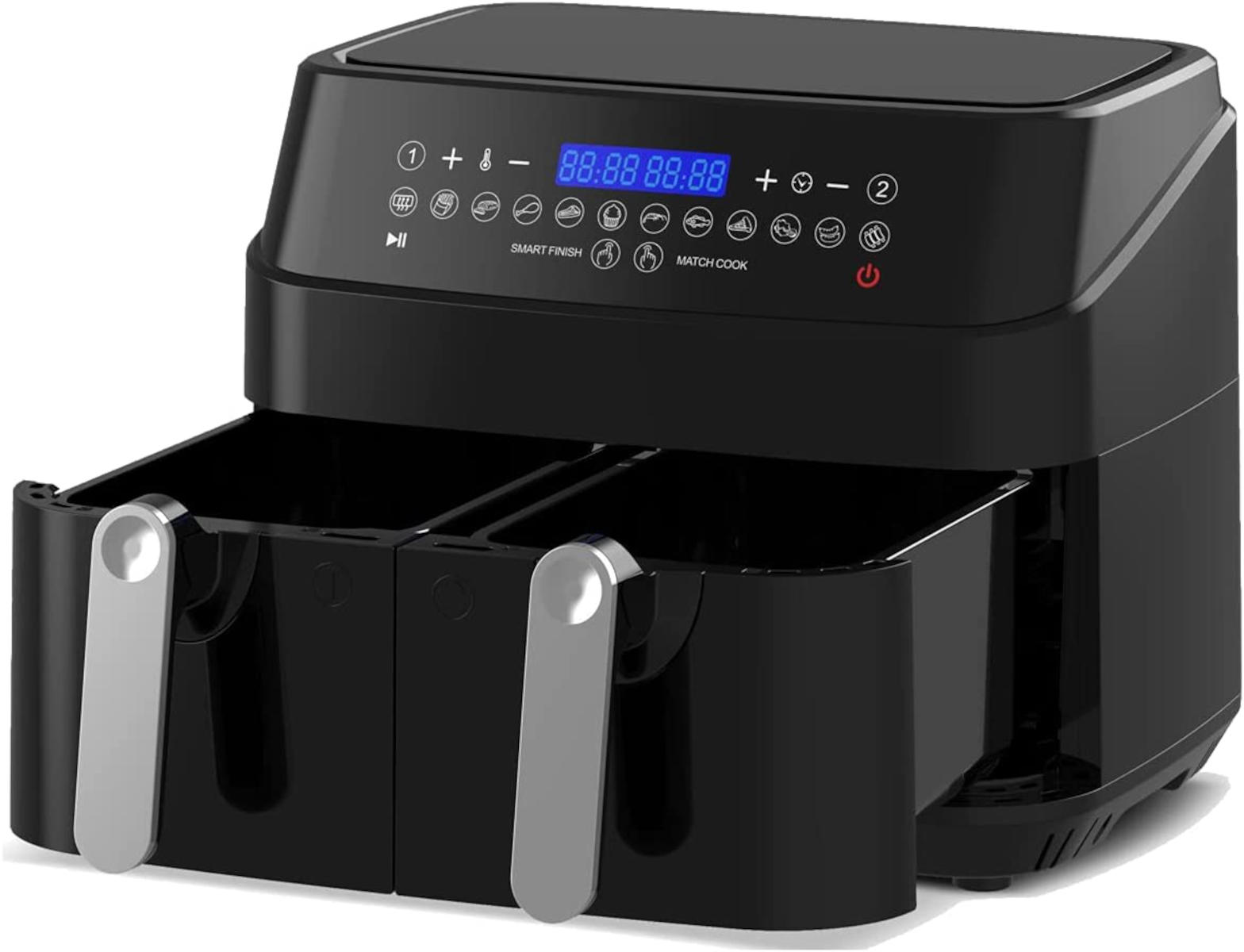 Schwarze Doppelkorb-Heißluftfritteuse mit Digitalanzeige und mehreren Knöpfen.