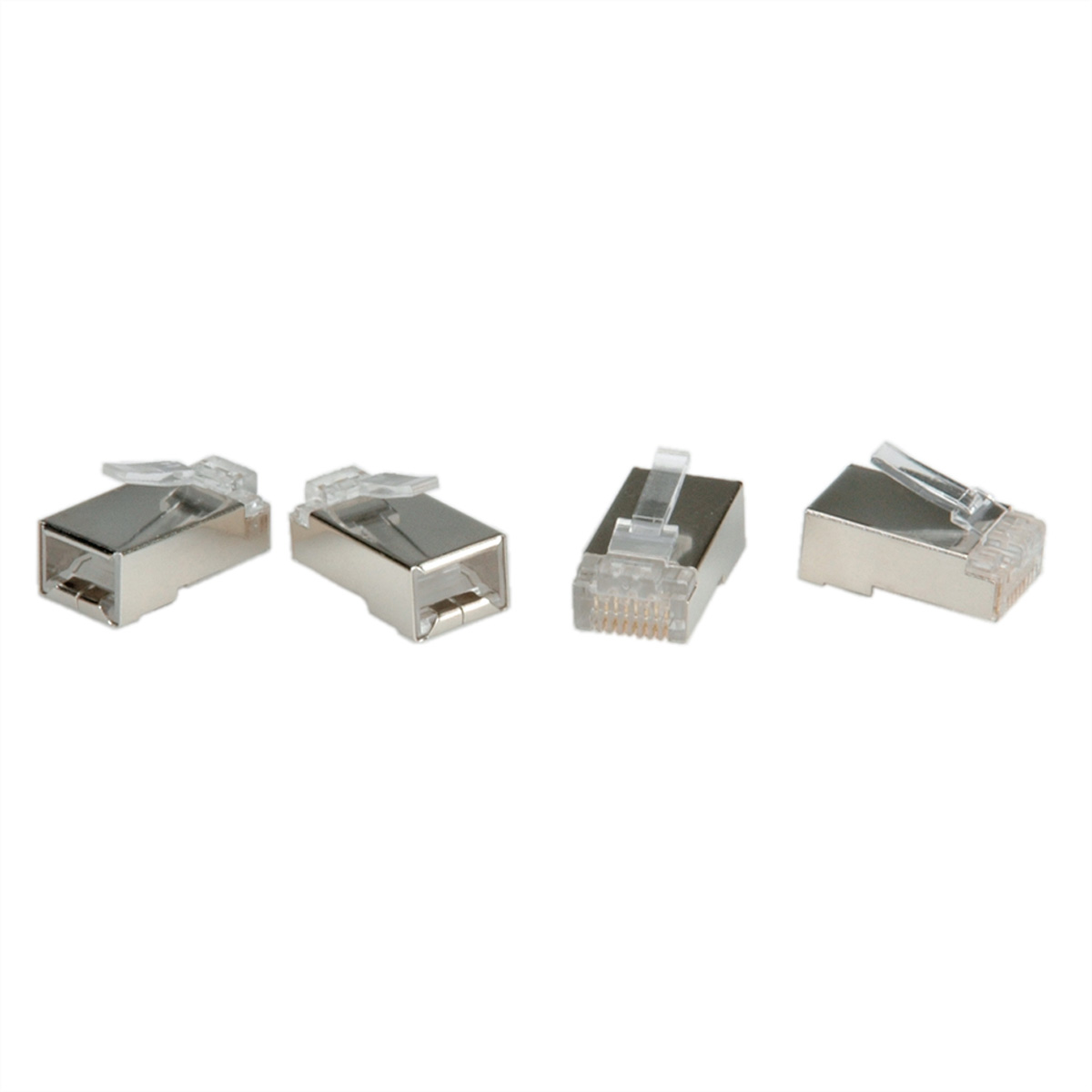 Vier metallische Ethernet-Stecker auf weißem Grund. Sie blicken zum Betrachter.