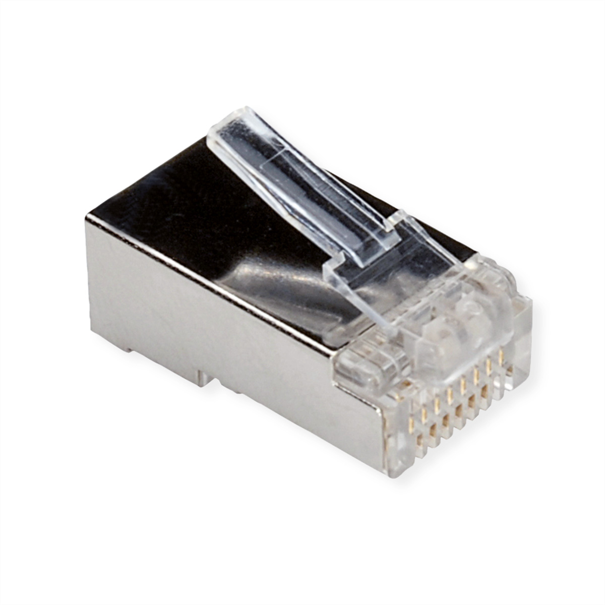 Metall-RJ45-Stecker isoliert auf weißem Hintergrund. Es hat ein klares Kunststoffteil.
