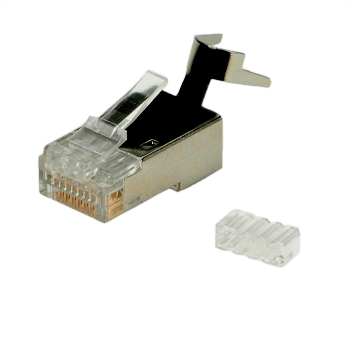 Een close-up van een RJ45-connector. Een plastic onderdeel is losgemaakt van de connector.