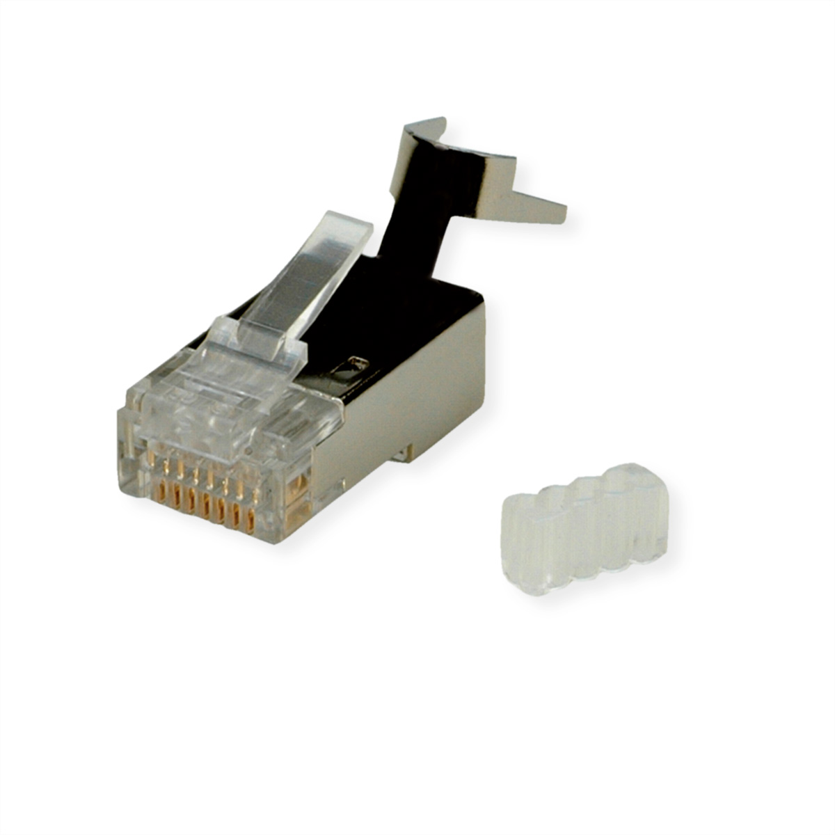 Een RJ45-connector met een doorzichtig plastic stukje ernaast. Witte achtergrond.