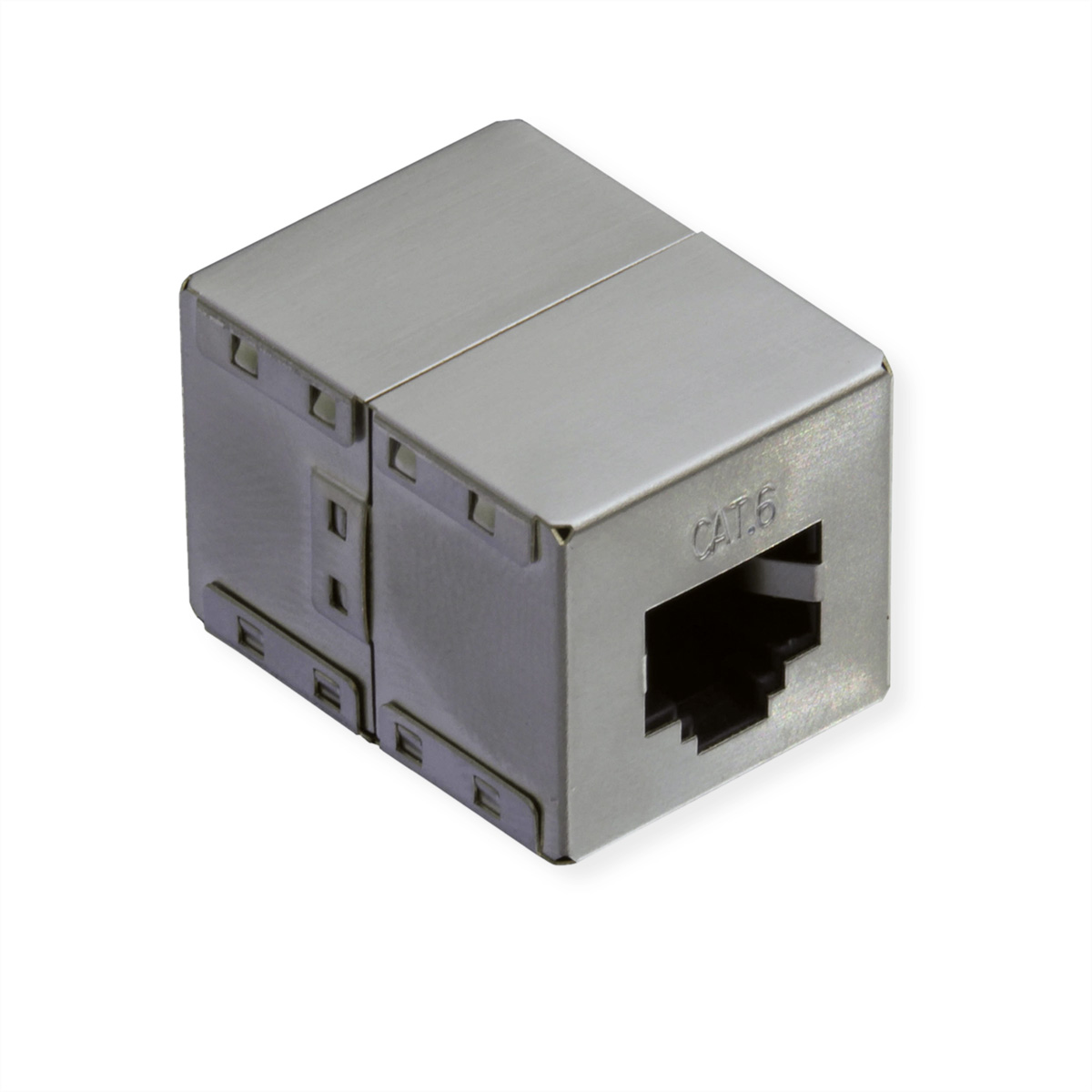 Silver ethernet cable coupler with a port for an RJ45 connector. White background.