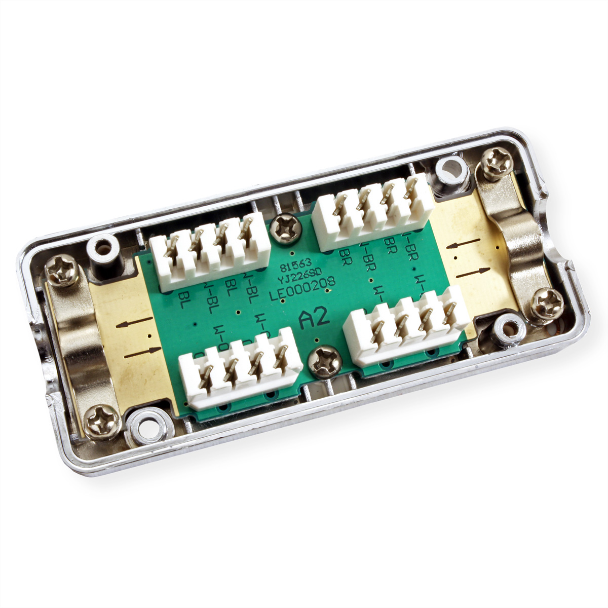 Elektronische Leiterplatte mit Anschlüssen und Schrauben, vor weißem Hintergrund.