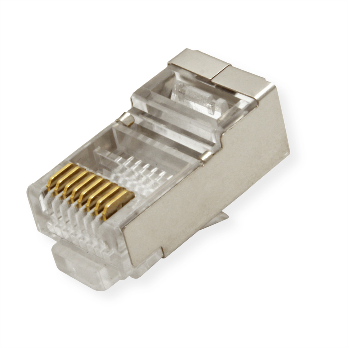 RJ45-Stecker auf weißem Hintergrund abgewinkelt. Klarer Kunststoff mit Goldkontakten.