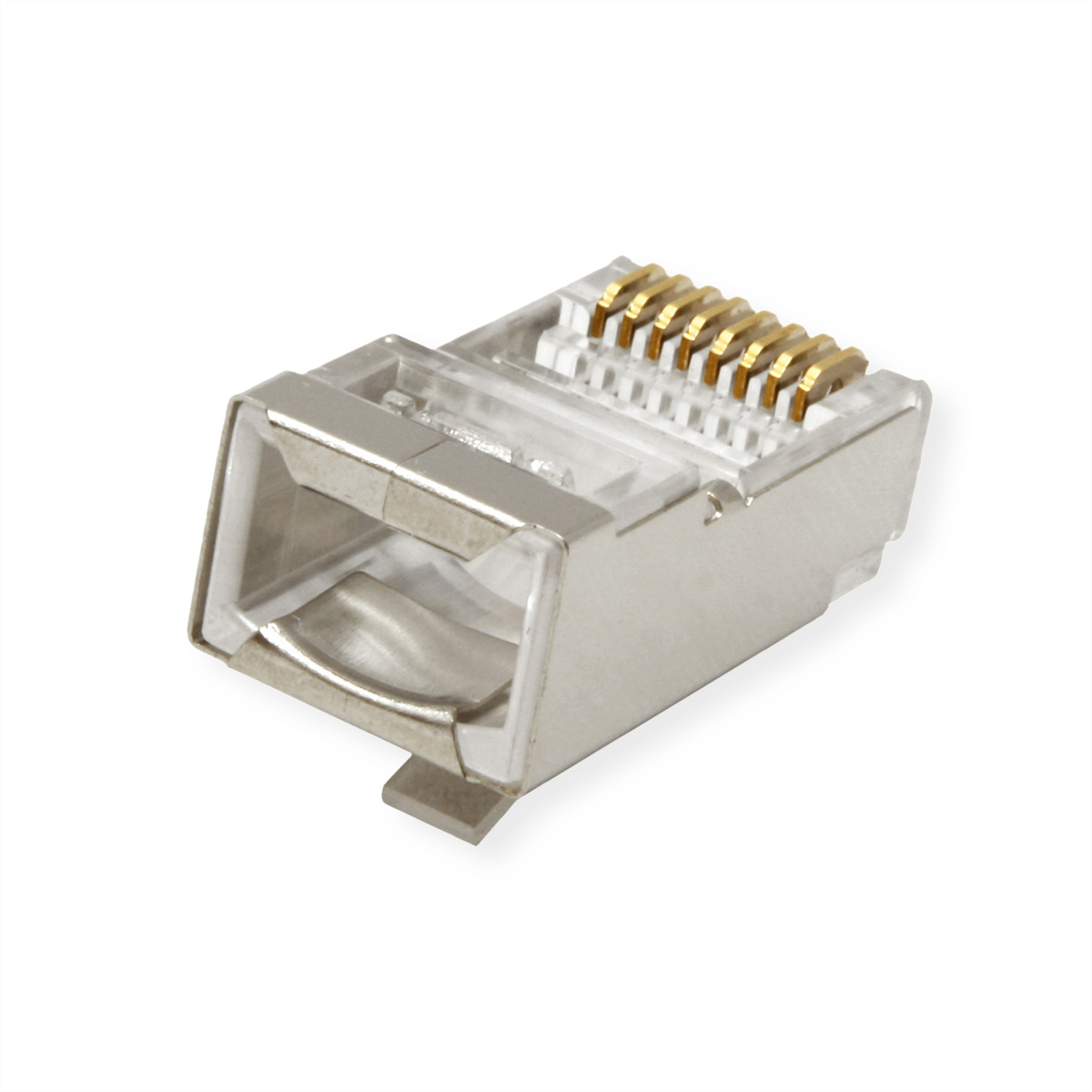 RJ45-Stecker mit Goldpins, transparentem Kunststoffgehäuse und Metallgehäuse, isoliert auf weißem Hintergrund.