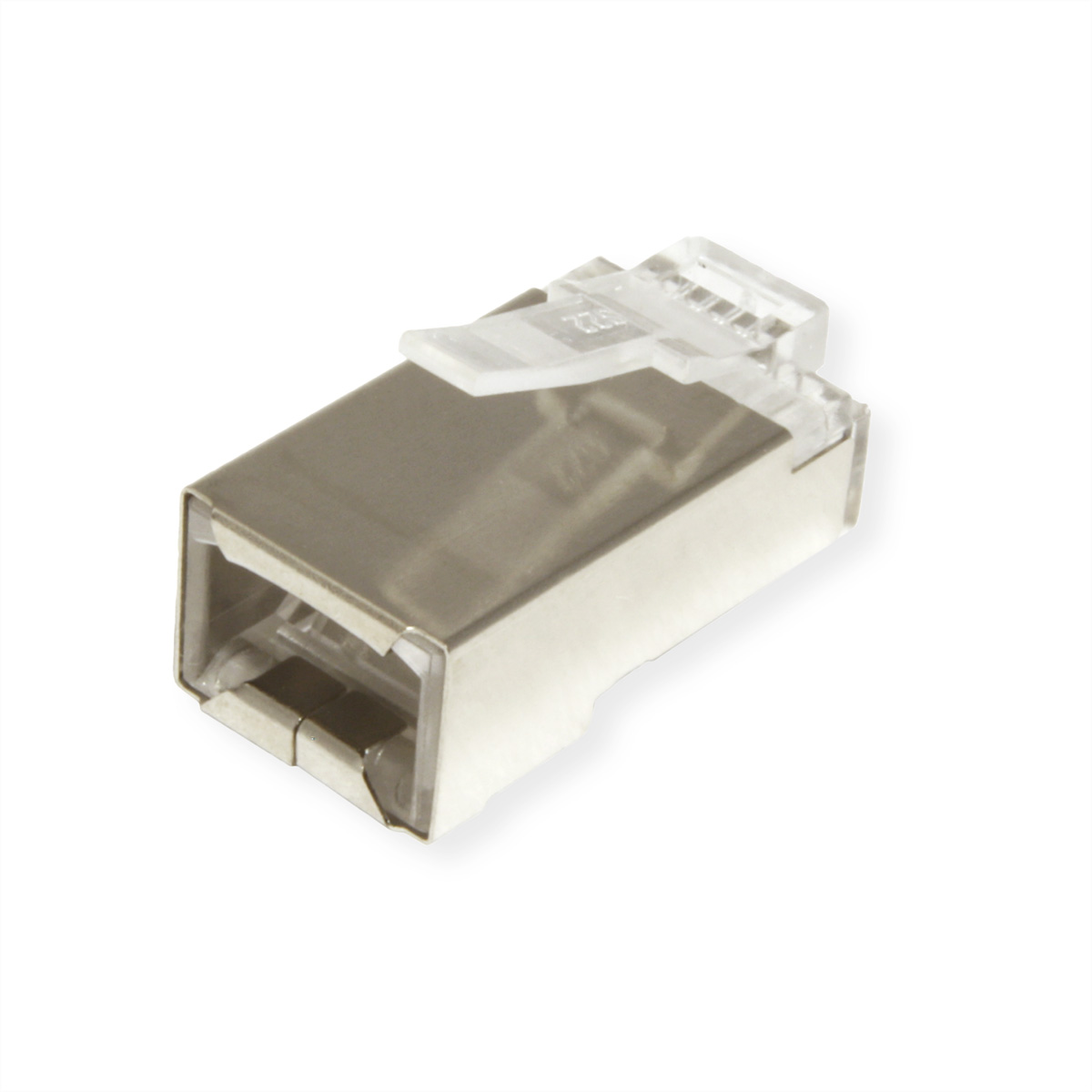 Silberner RJ45-Stecker, isoliert auf weißem Hintergrund. Der Stecker ist abgewinkelt.