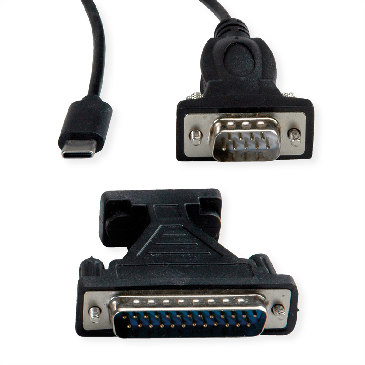 Drei schwarze Anschlüsse: USB-C und zwei DB9-Seriellanschlüsse. Weißer Hintergrund.