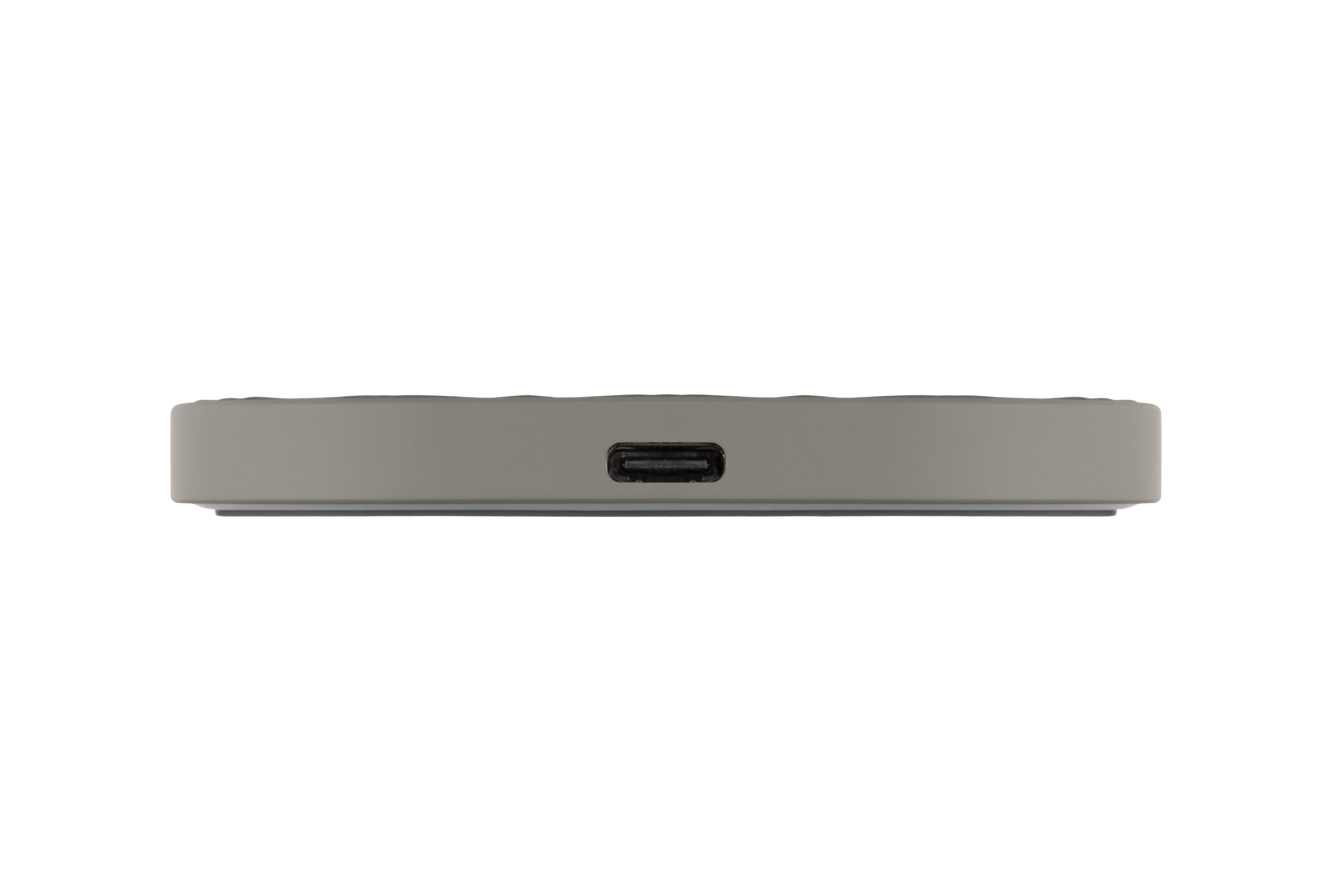 Nahaufnahme eines flachen, grauen, rechteckigen Objekts mit einem USB-C-Anschluss.