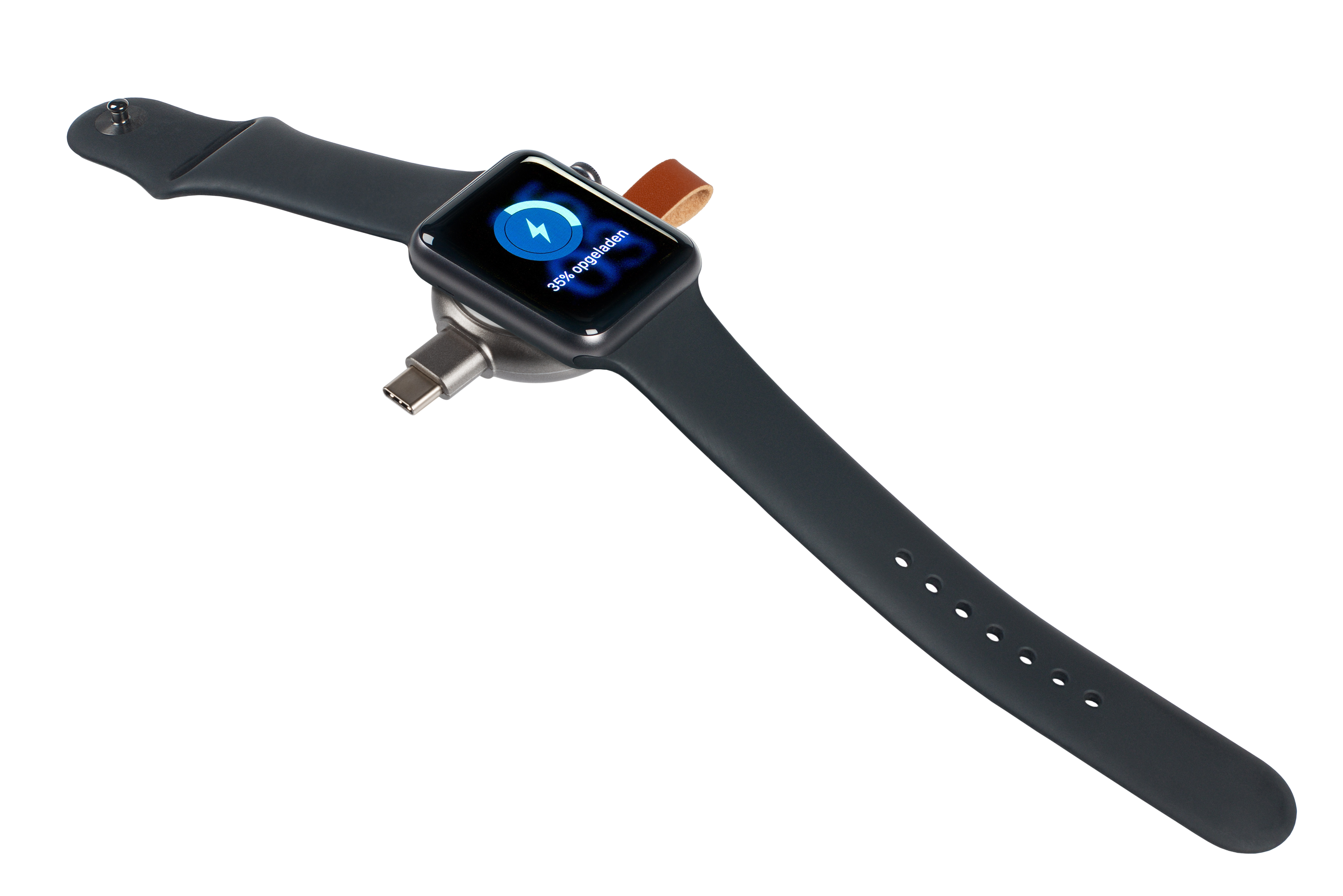 Schwarze Apple Watch auf einem Ladegerät, das den Ladestatus anzeigt.