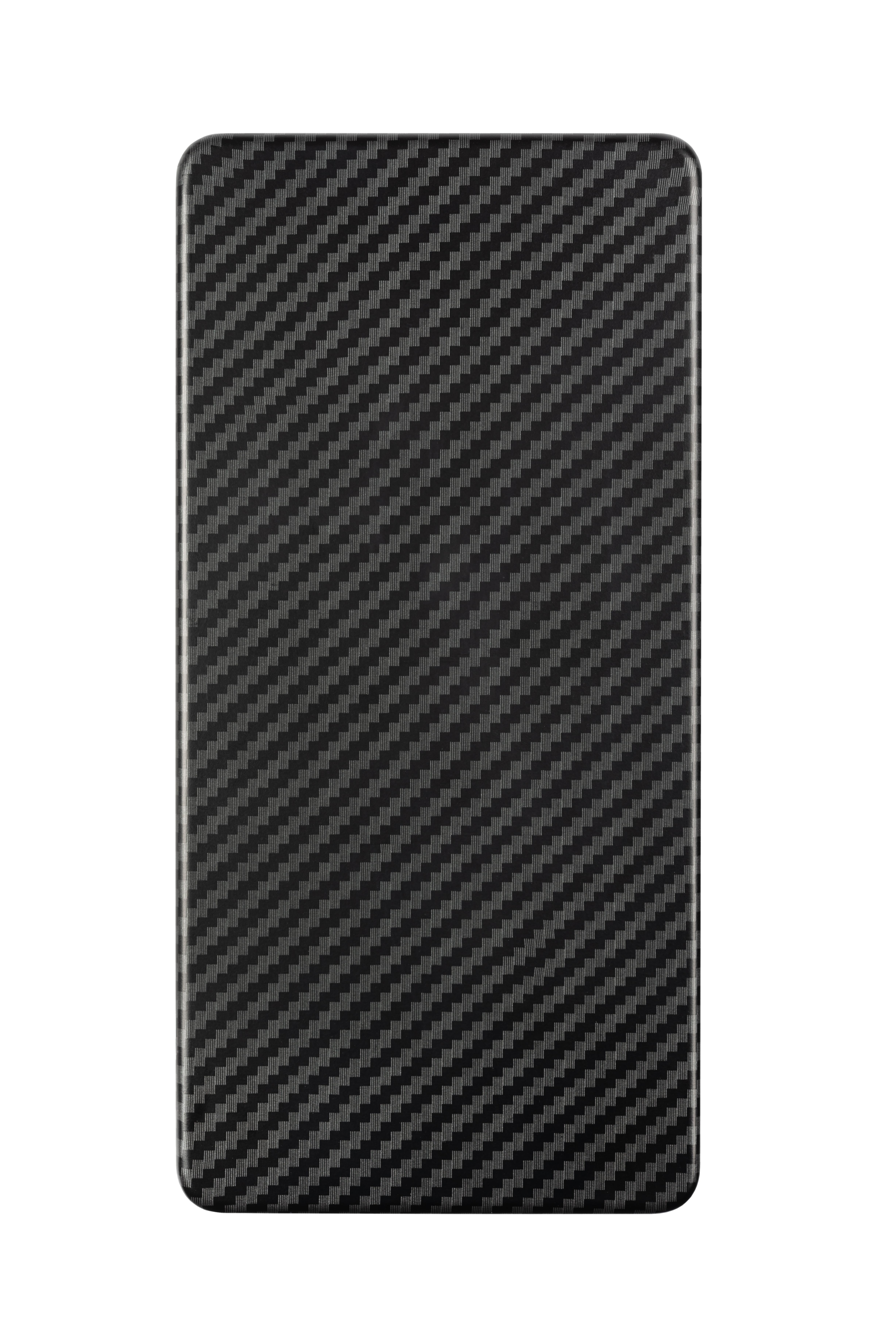 Eine schwarze Carbonfasermusterabdeckung, eine solide, rechteckige Form.