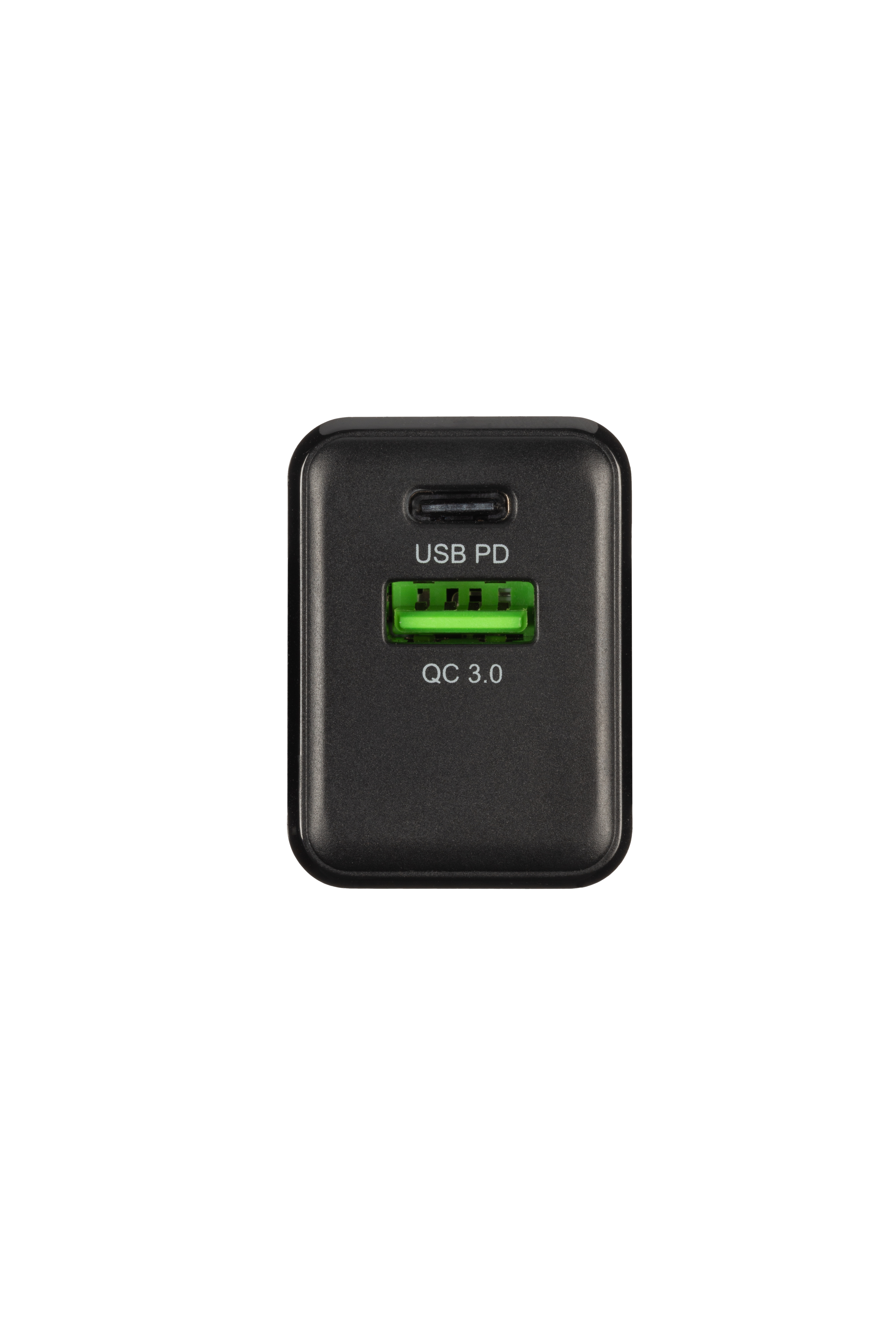 Ein schwarzes USB PD-Ladegerät mit grünem USB-Anschluss auf weißem Hintergrund.
