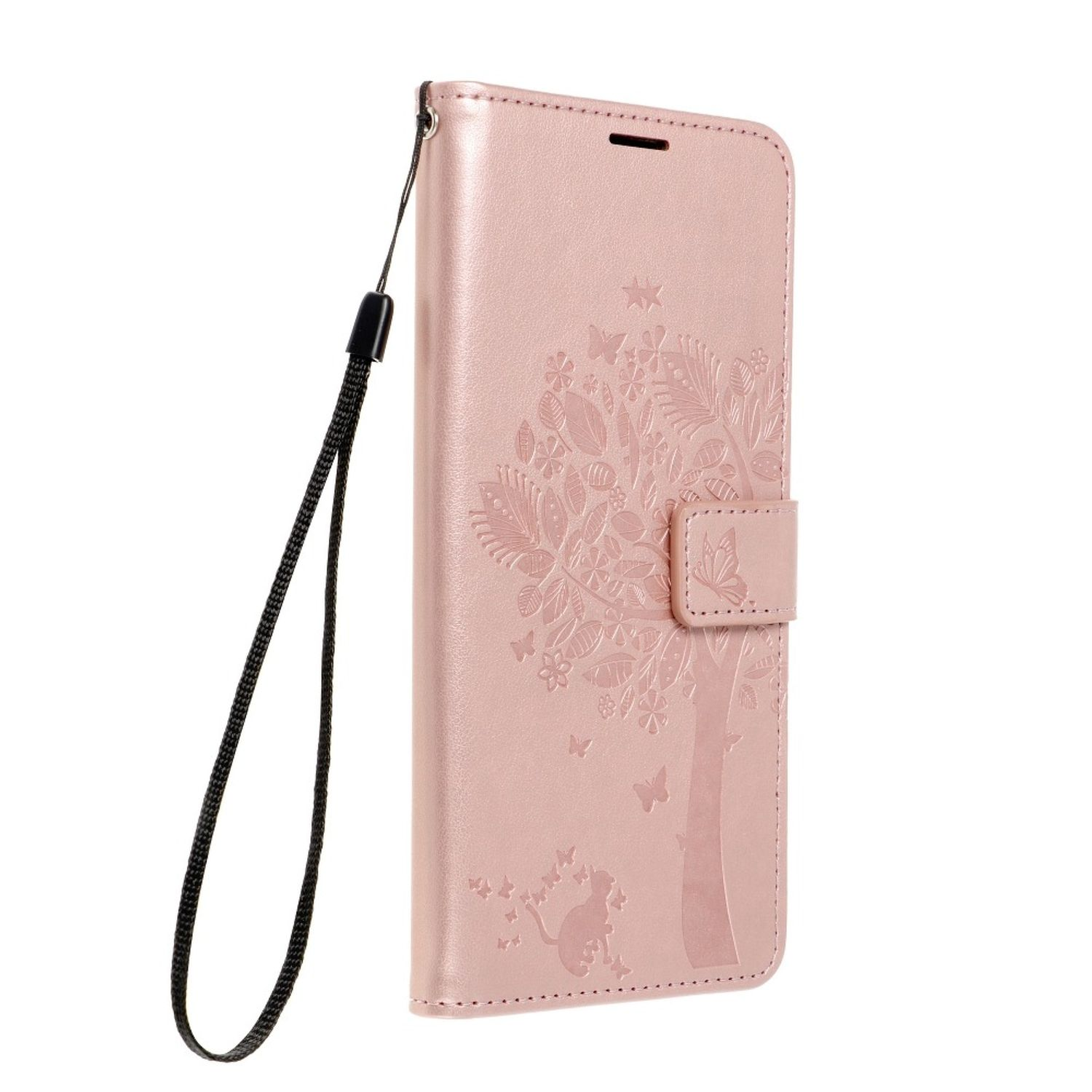 Eine rosa Handyhülle mit Baumdesign, einem Riemen und einem Verschluss.