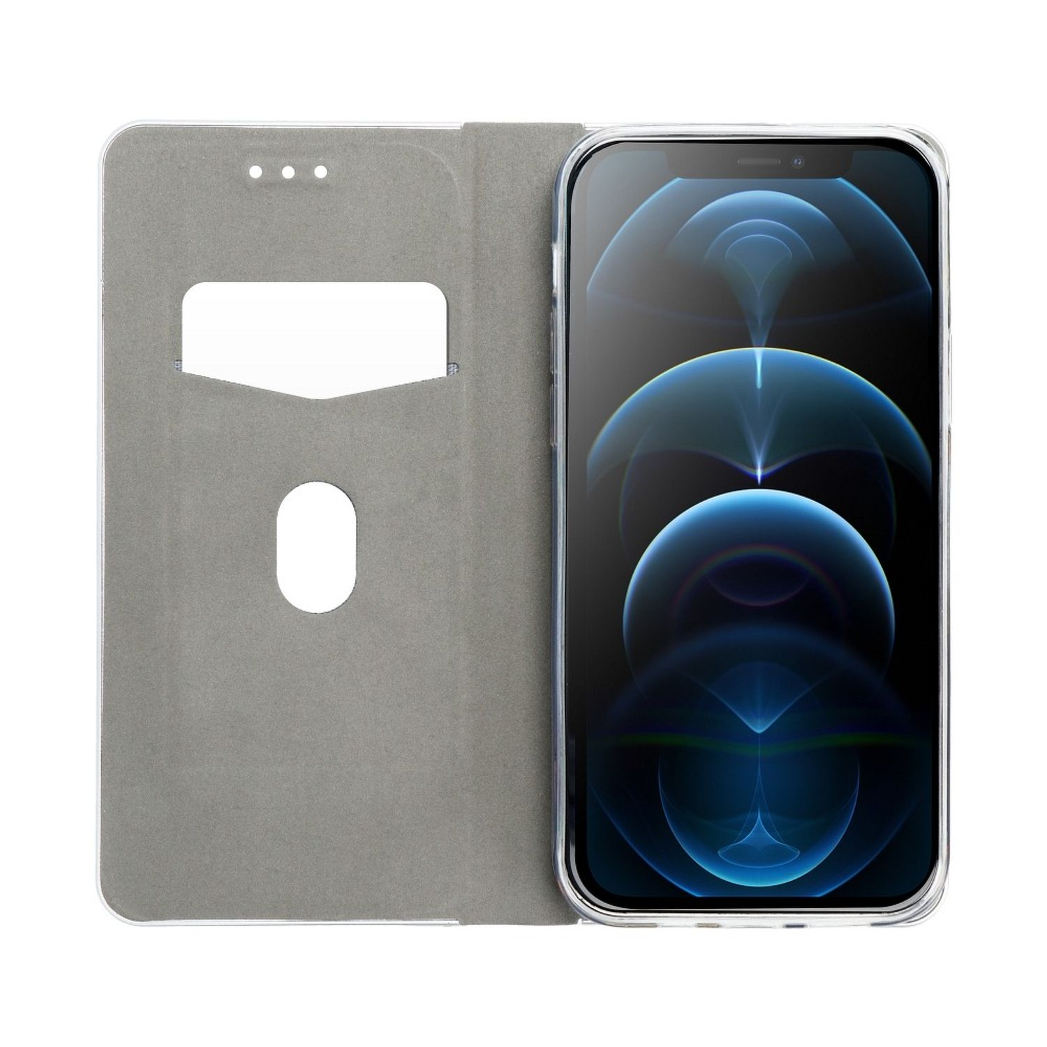Telefon in klarer Hülle, geöffnet, mit Telefon-Display.