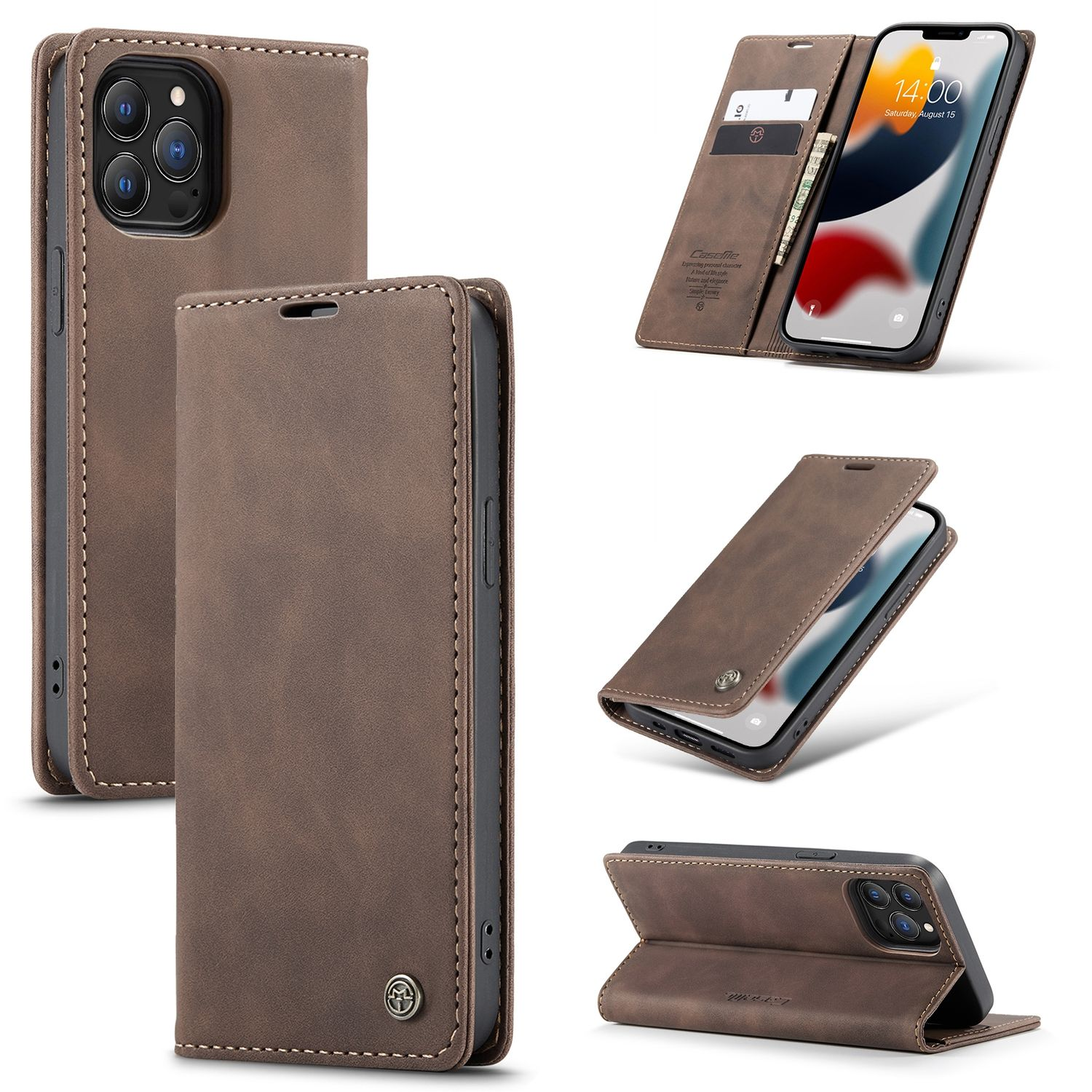 Braune Leder-Handyhülle, Vorder- und Seitenansicht. Zeigt Telefon mit drei Kameras. Weißer Hintergrund.