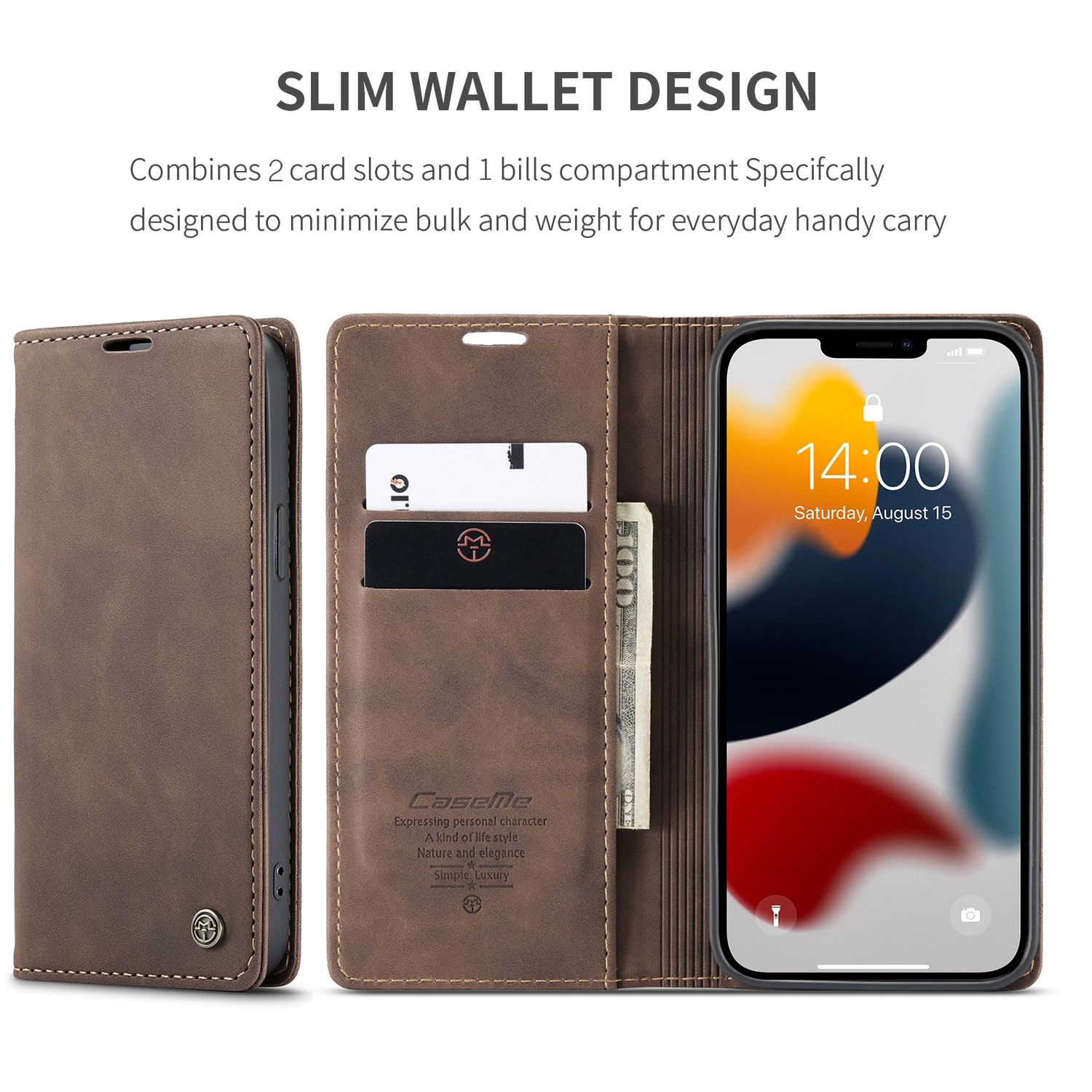 Braune Handyhülle mit Telefon im Inneren. Karten- und Geldfächer. Weißer Hintergrund. Text Slim Wallet Design.