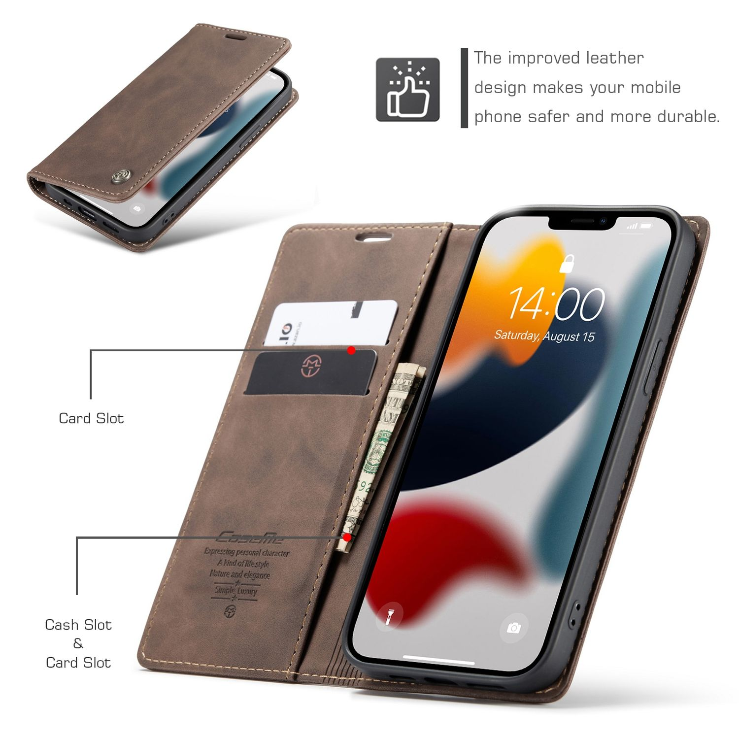 Braune Handyhülle mit Telefon und Karten- und Geldfächern. Text mit Karten- und Geldfach-Etiketten.