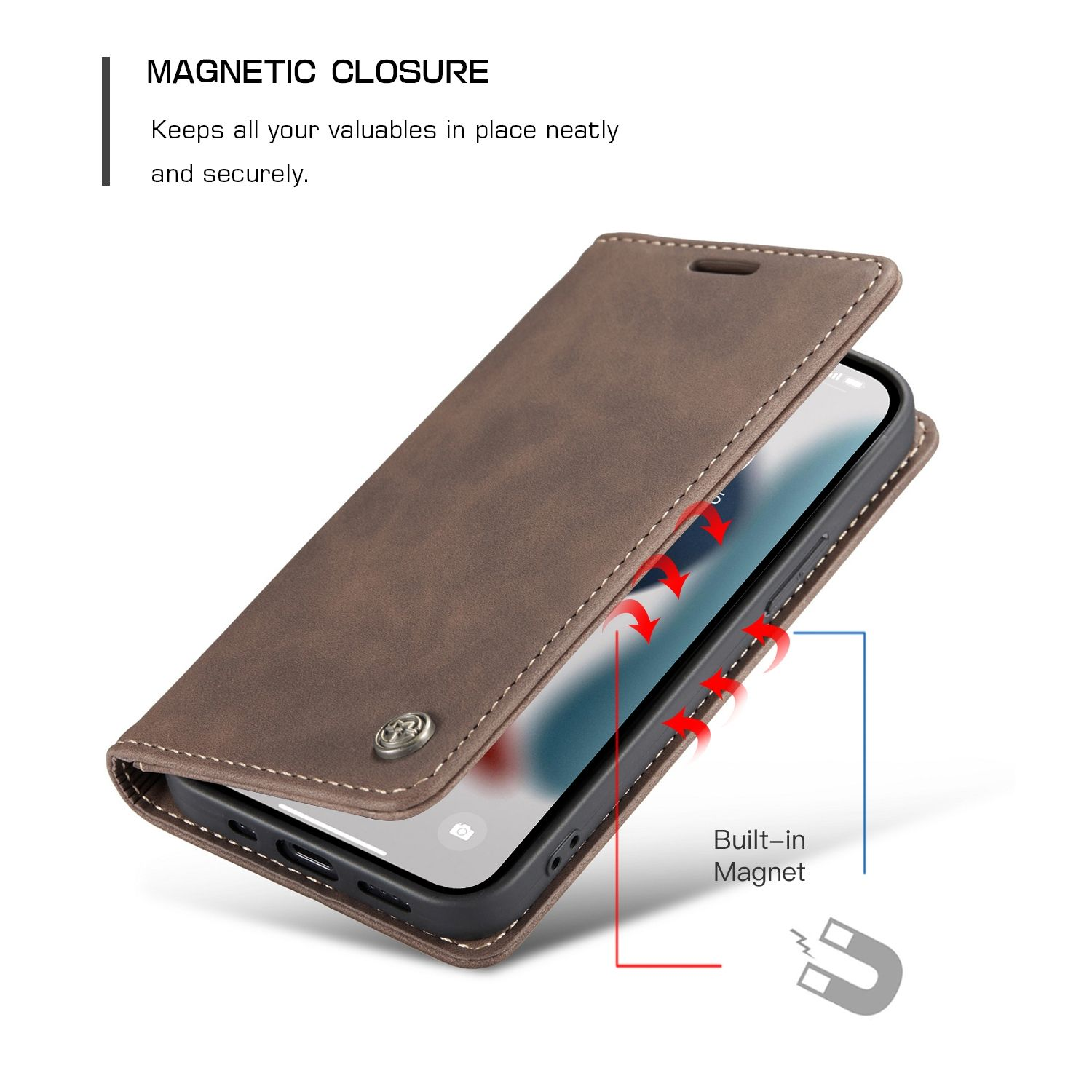 Braune Handyhülle mit Magnetverschluss. Rote Pfeile zeigen magnetische Punkte. Smartphone im Inneren.