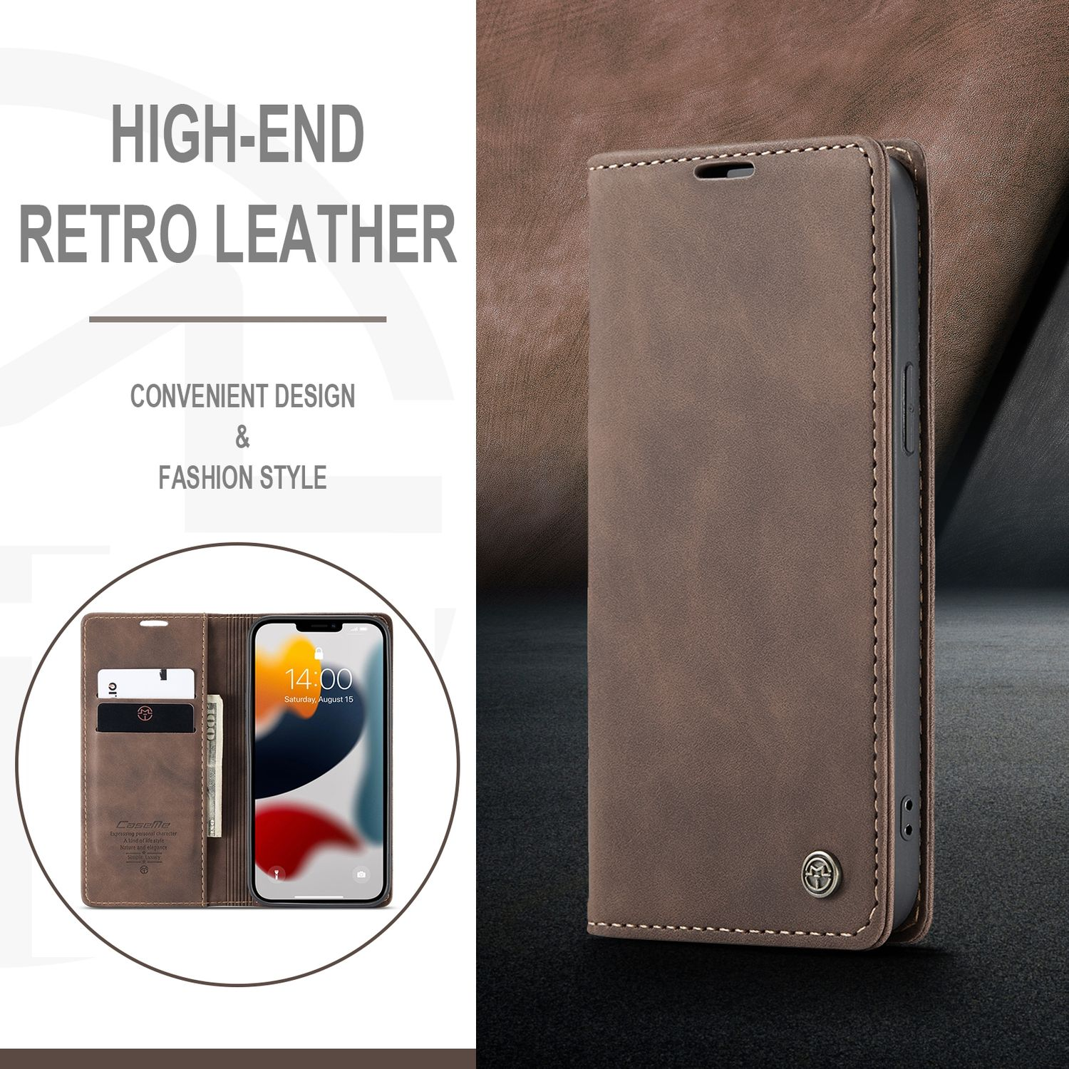 Eine braune Leder-Handyhülle, offen mit Telefon und Karten im Inneren.