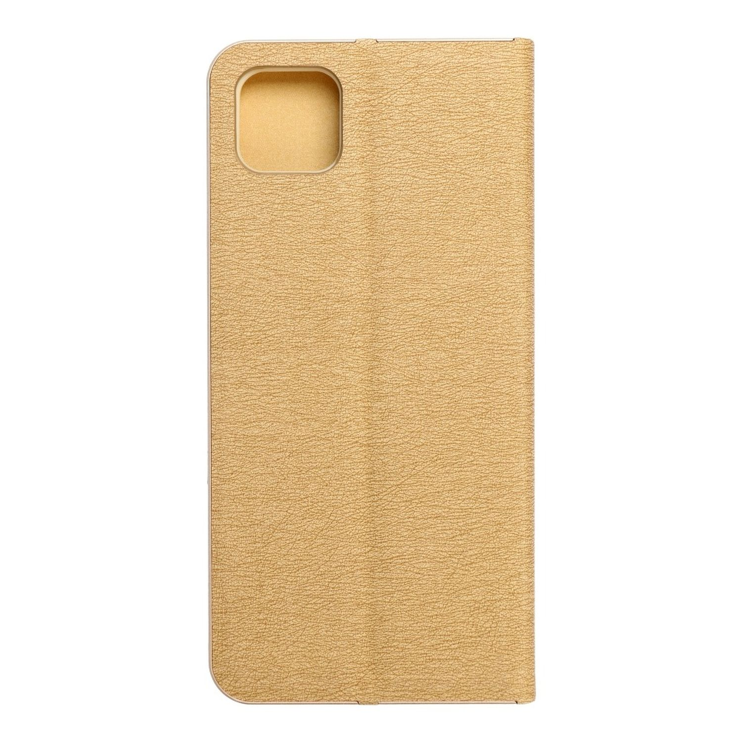 Goldene Handyhülle mit Loch für die Kamera. Die Hülle hat eine goldene Farbe.