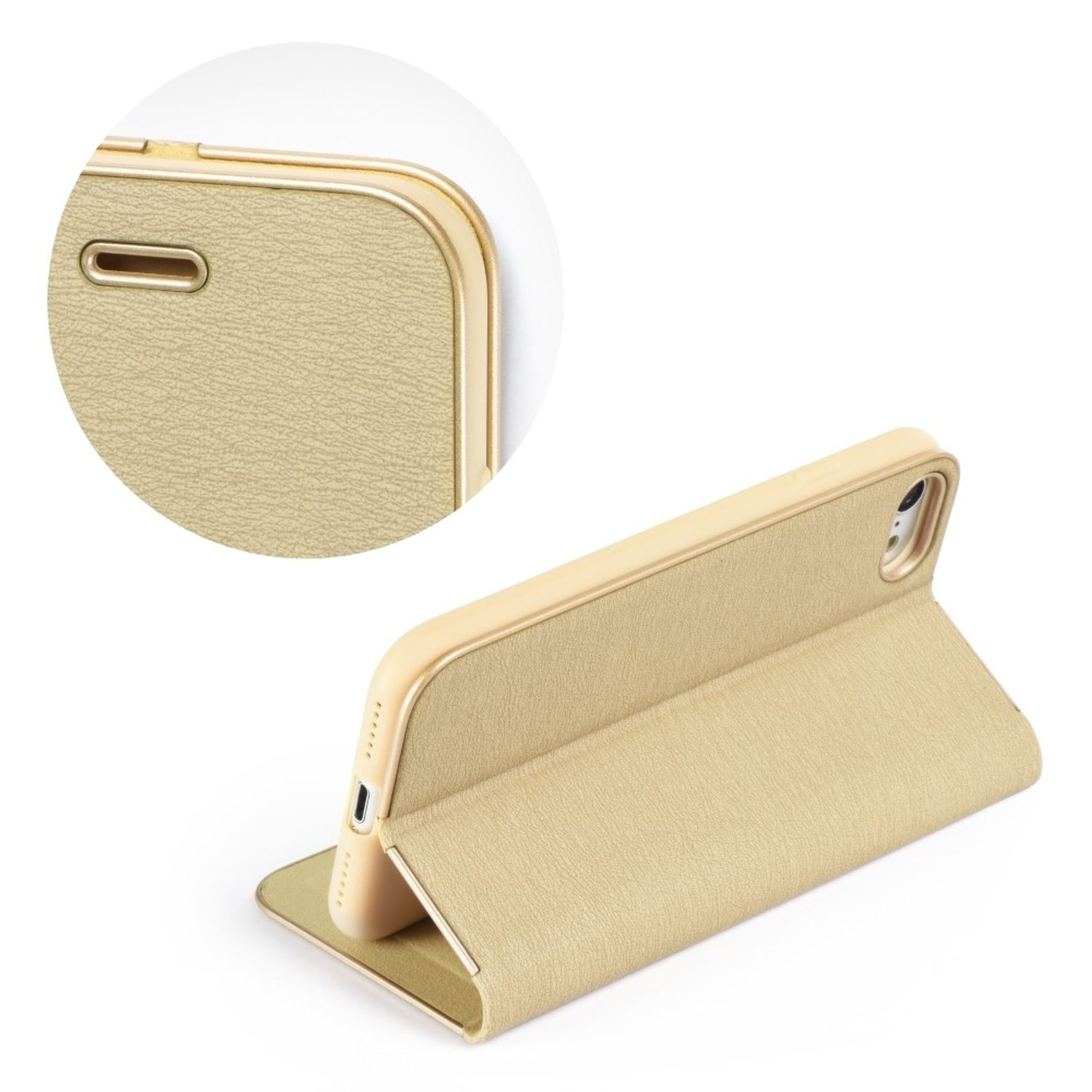 Goldfarbene Handyhülle, geöffnet, um das Telefon zu zeigen. Nahaufnahme zeigt Details.