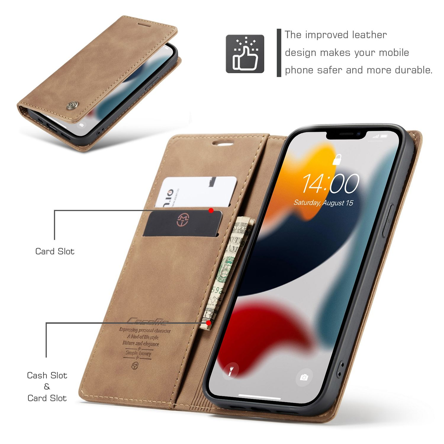 Braune Handyhülle mit Kartenfächern und Geldfach. Das Telefon zeigt das Datum. Nahaufnahmen der Hülle.