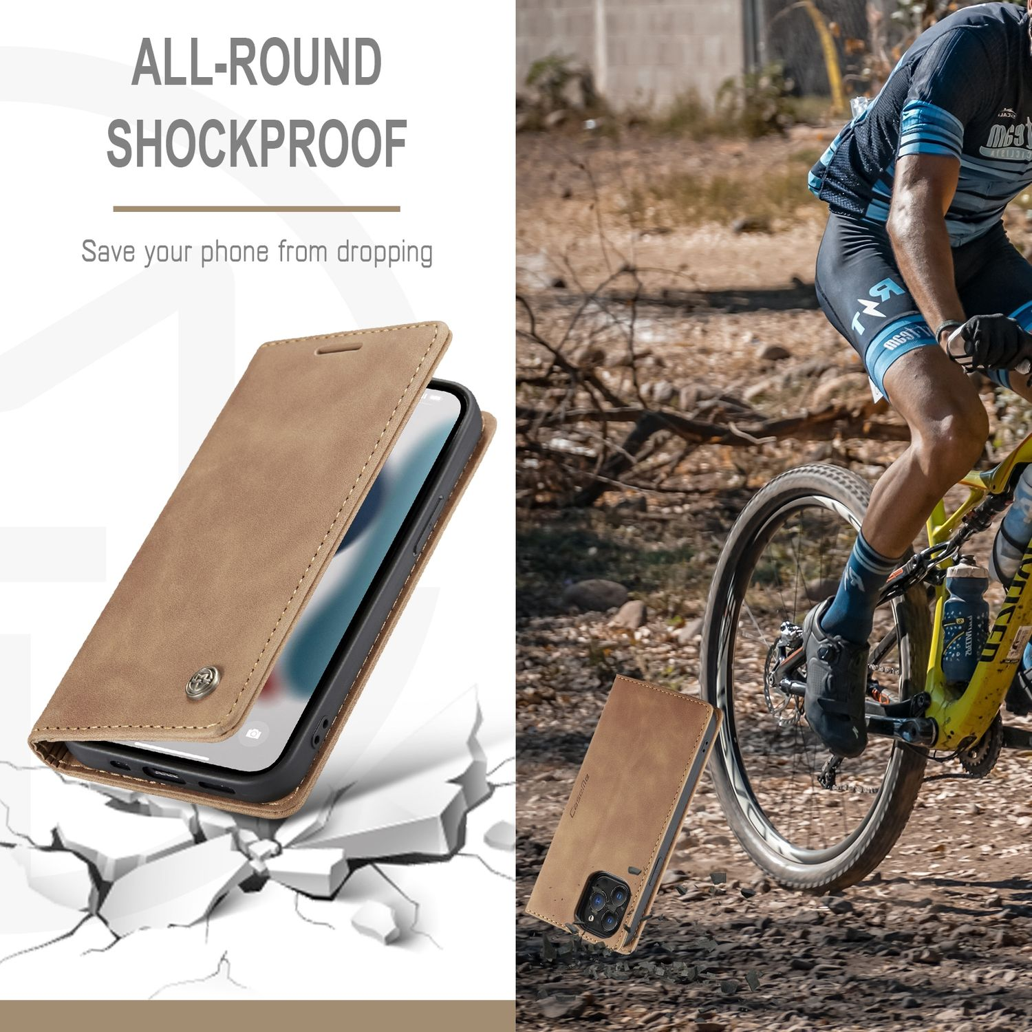 Braune Handyhülle mit Telefon. Ein Biker fährt Fahrrad. Die Hülle ist stoßfest.