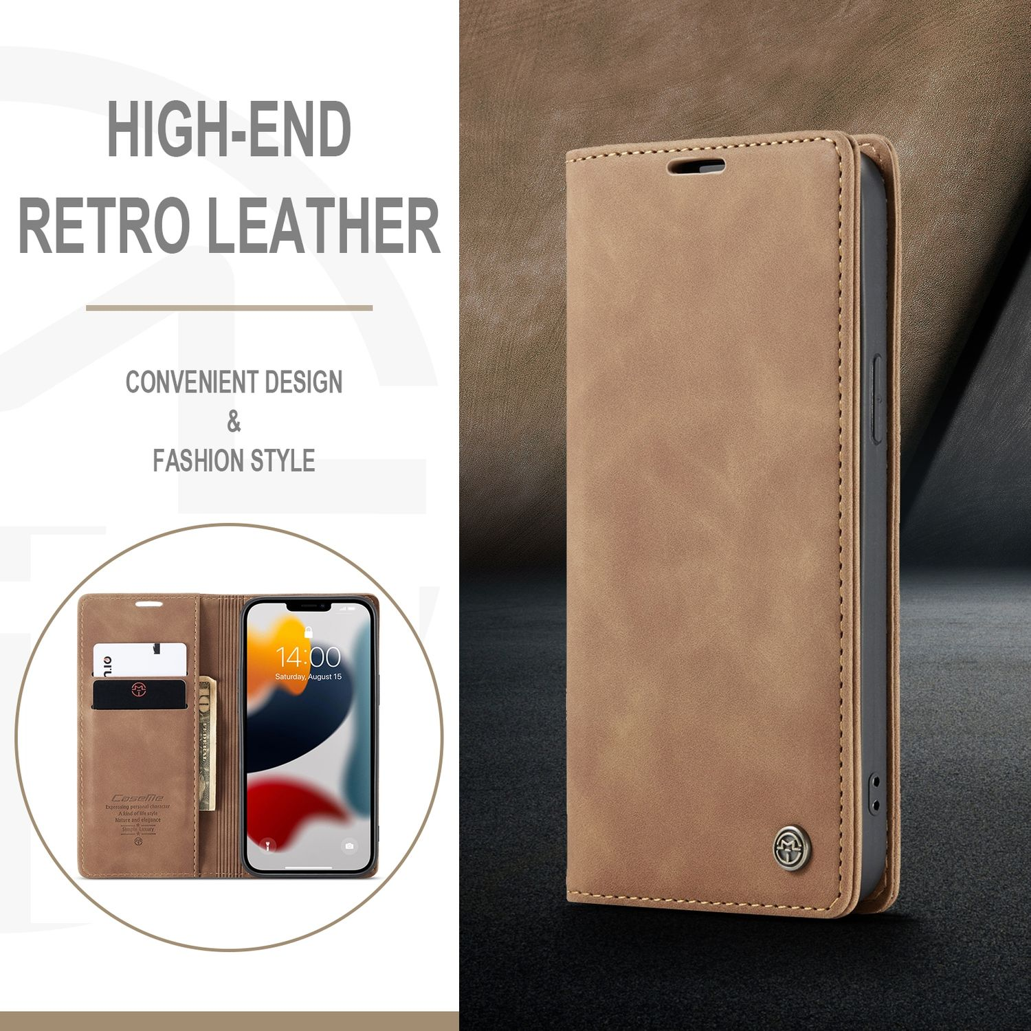 Eine braune Leder-Handyhülle, geöffnet, um ein Telefon und Kartenfächer zu zeigen. Text: Retro-Leder.