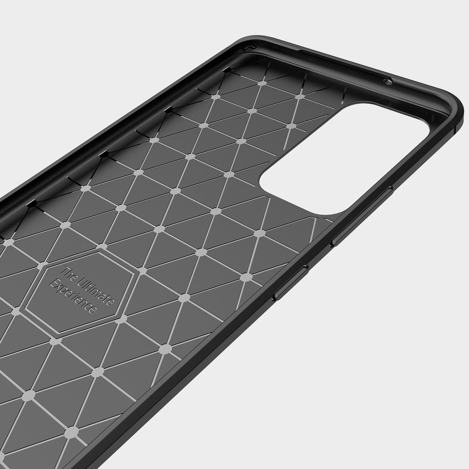 Schwarze Handyhülle mit strukturiertem, geometrischem Innenraum.