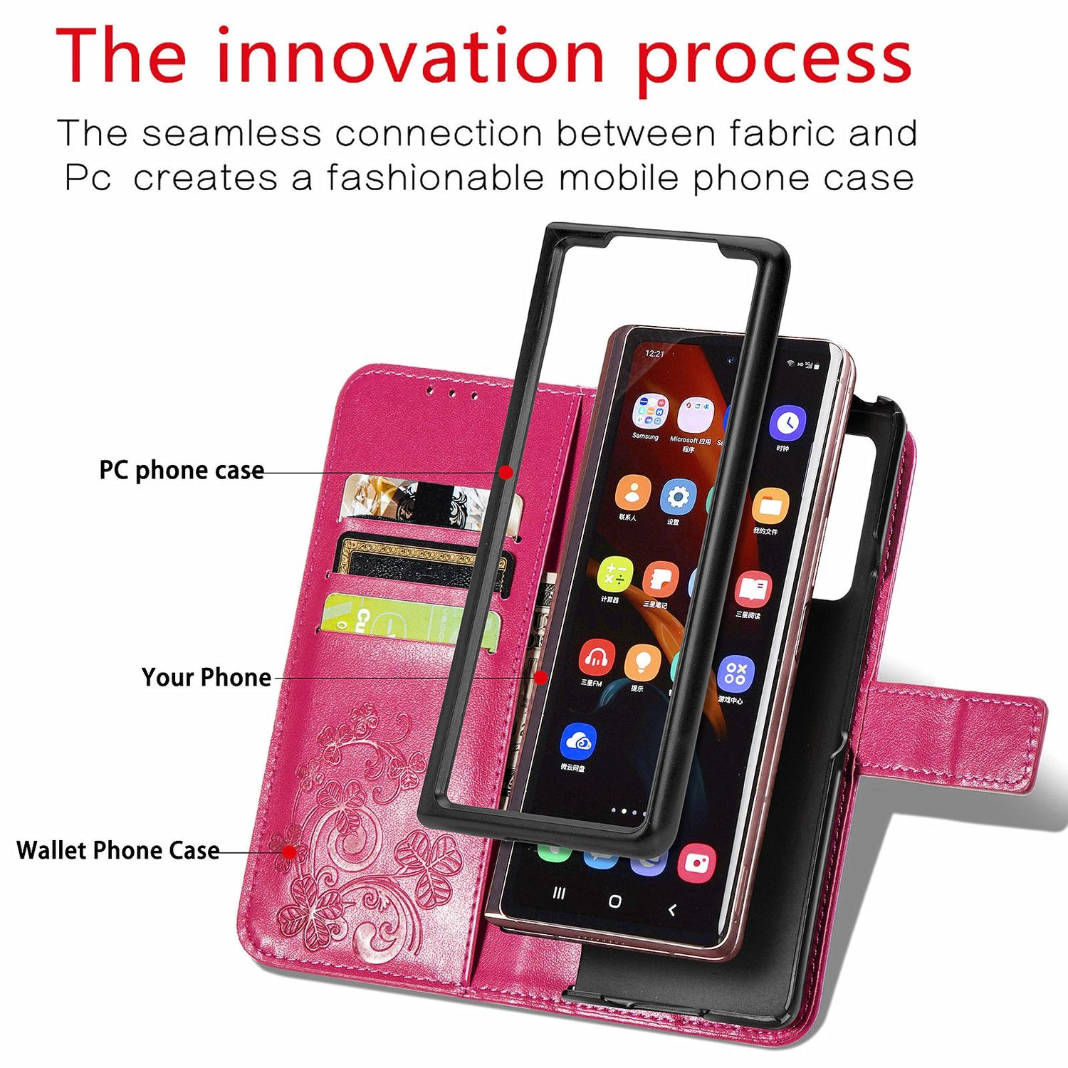 Eine pinke Handyhülle mit Telefon, Grafik zeigt Telefon und Karten.