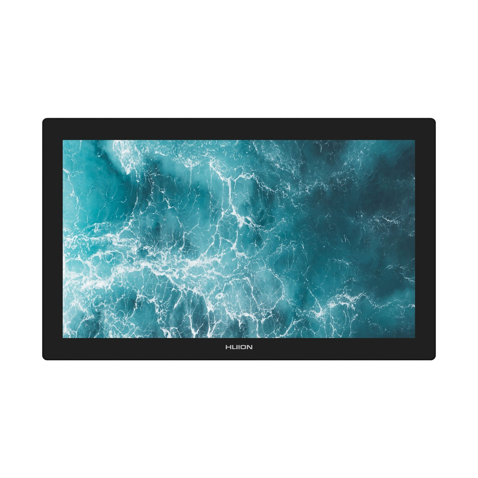 Monitor HUION wyświetlający falisty obraz oceanu, z czarną ramką.