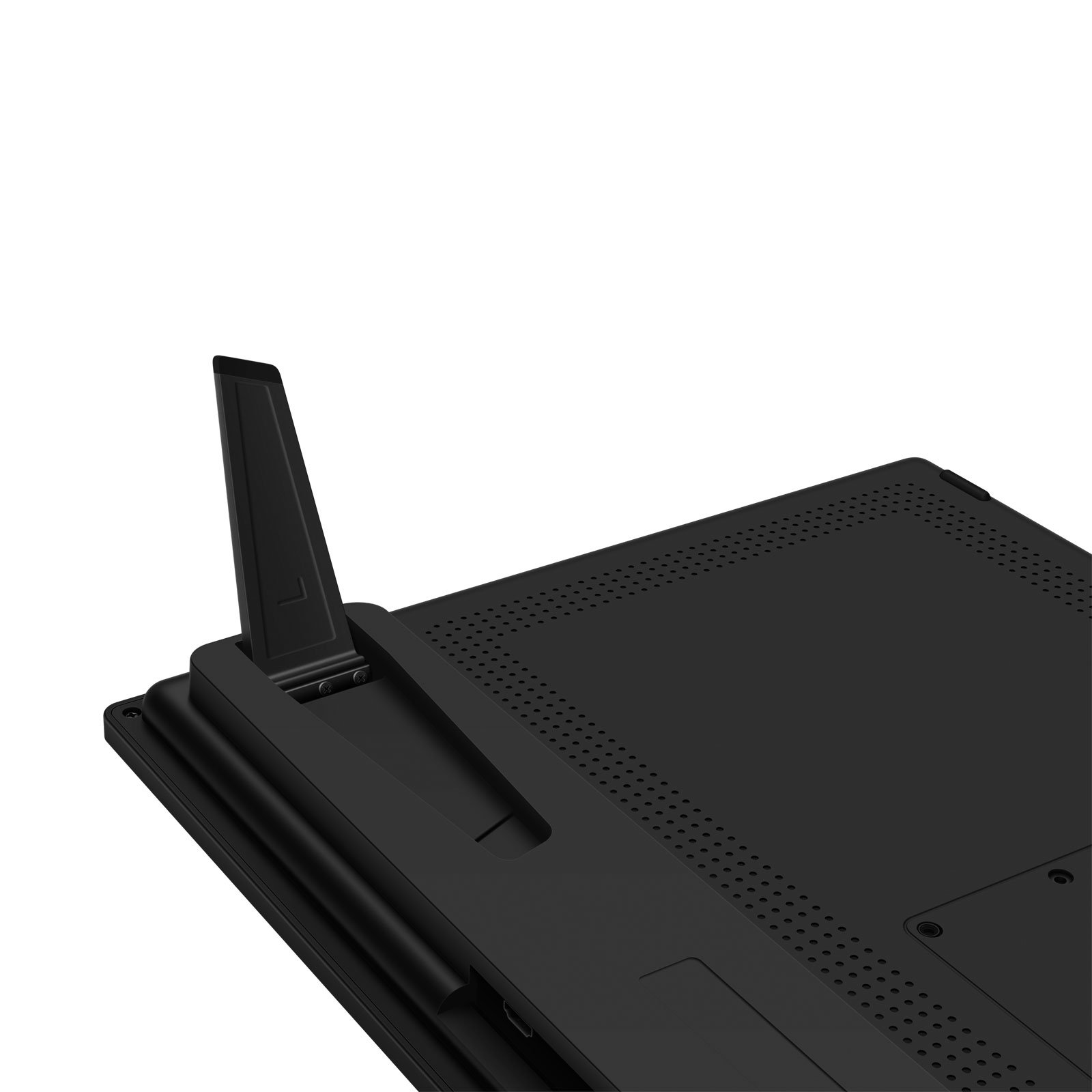 Czarny tył tabletu ze stojakiem, pokazujący wzór i perforowaną powierzchnię.