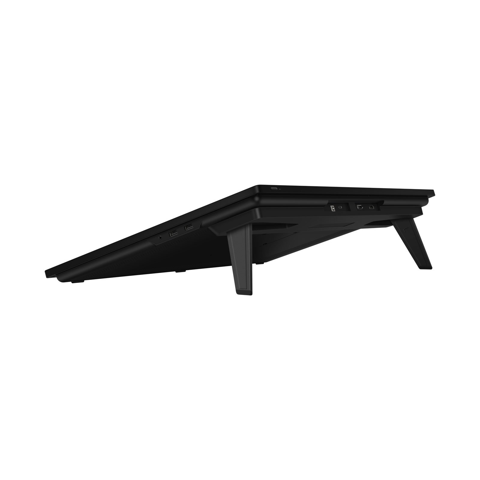 Czarny stojak na laptopa z laptopem na górze, pochylony w górę. Pokazuje porty z boku.