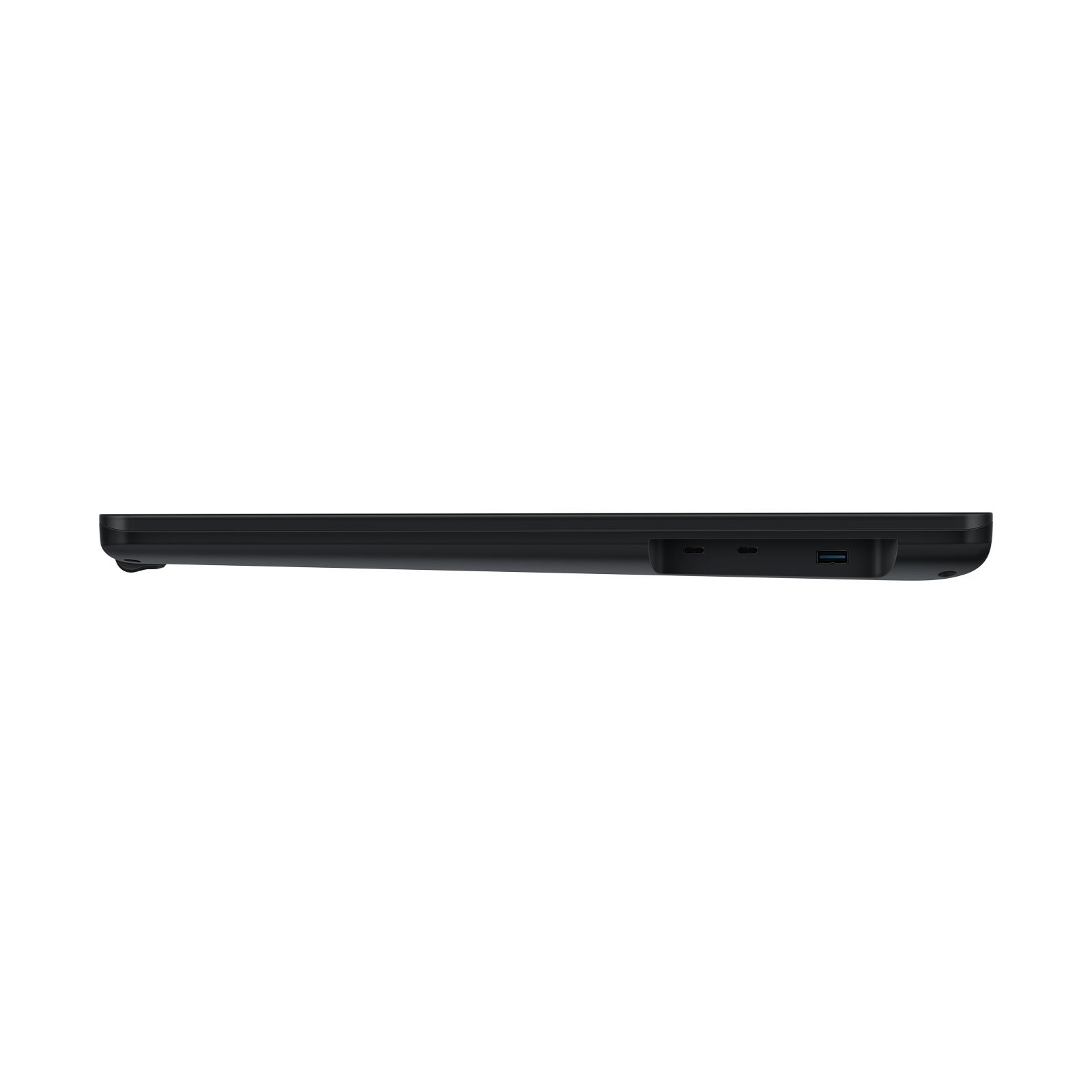 Ein schwarzes, flaches Gerät mit einem USB-Anschluss, von der Seite betrachtet. Weißer Hintergrund.
