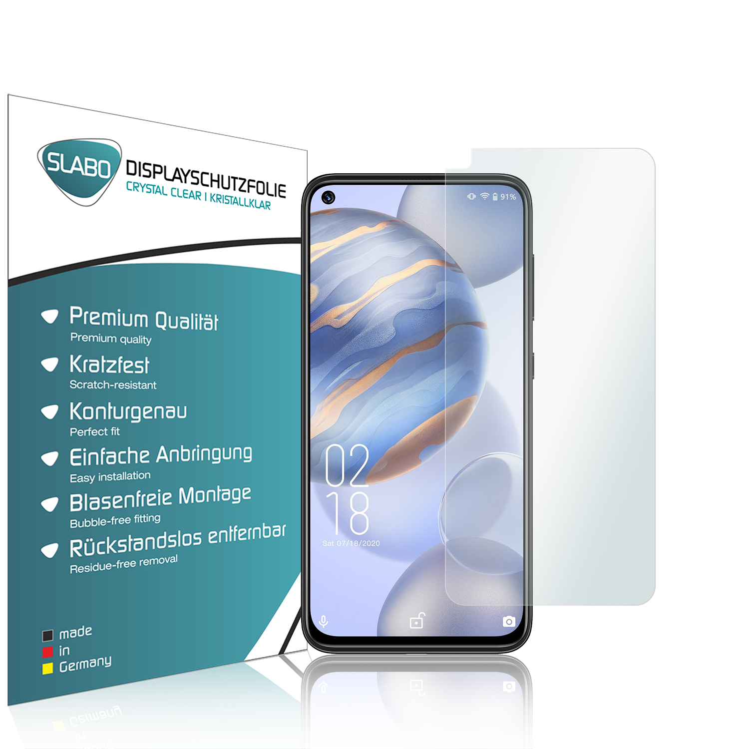 Displayschutzfolie mit Telefon und Box, die die Funktionen des Schutzes detailliert beschreibt.