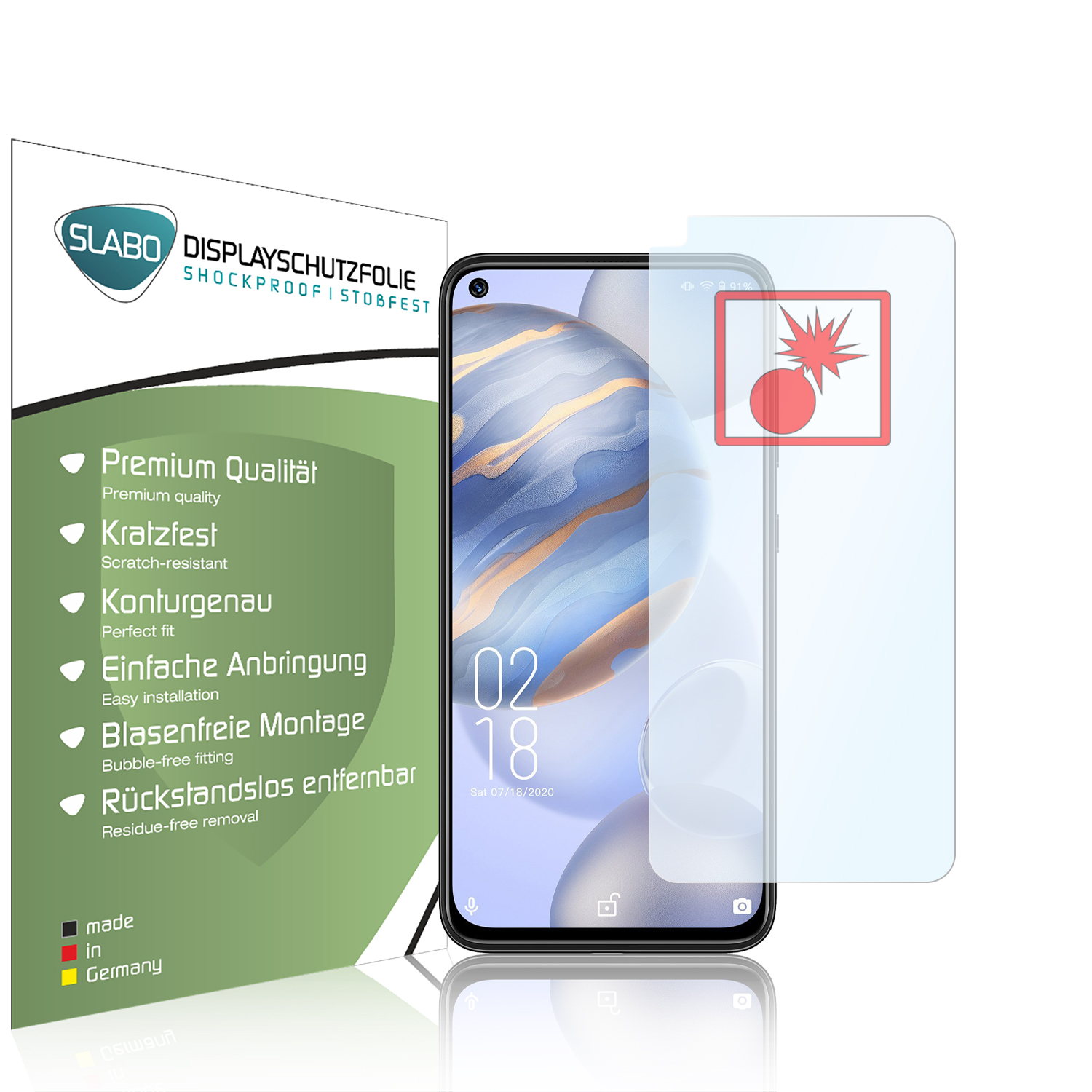 Telefon mit Displayschutzfolie und Verpackung. Schutzfolie zeigt Aufprallschadensymbol.