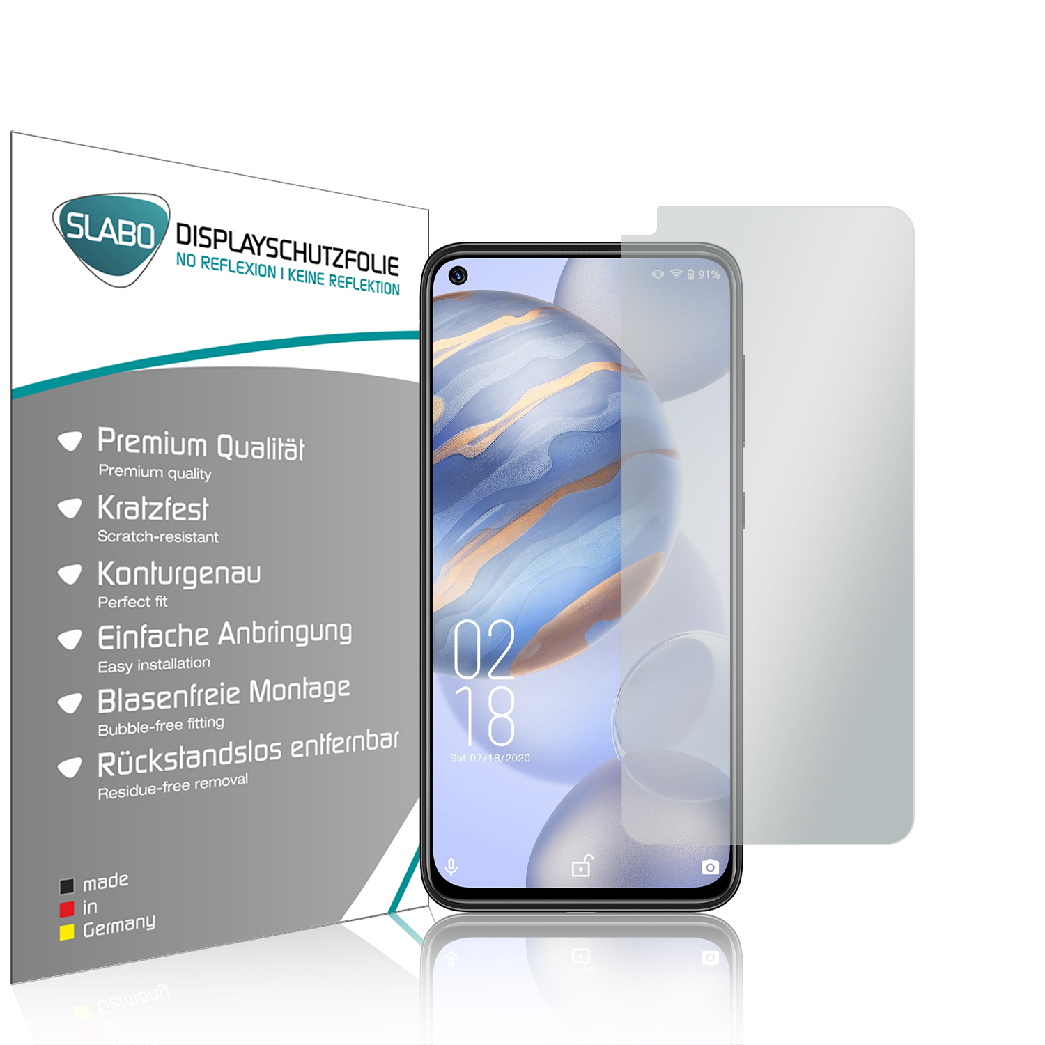 Smartphone-Bildschirm mit Displayschutzfolie und Verpackung. Text: Premium Qualität.