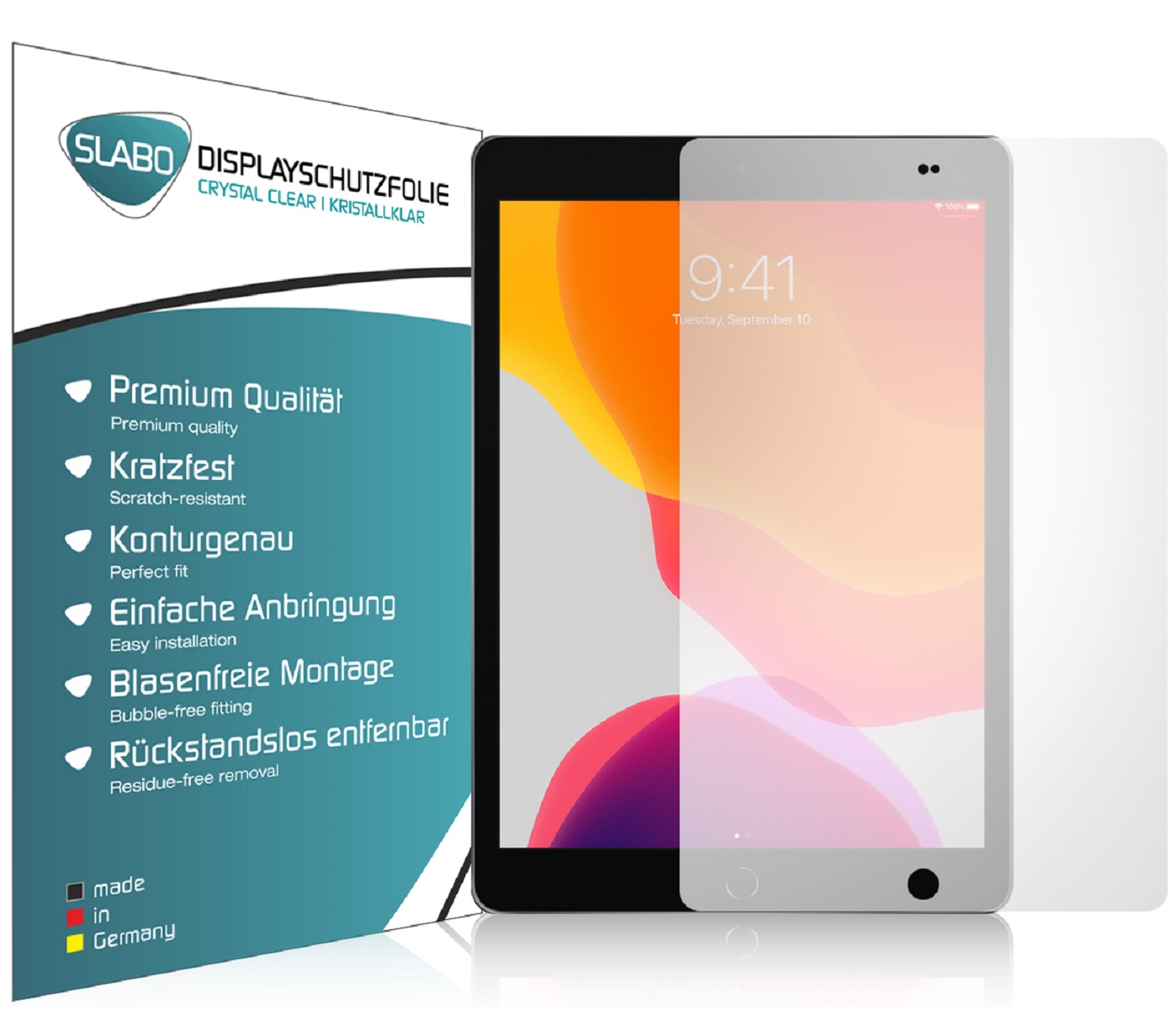 Tablet mit Displayschutzfolie und Informationstext auf weißem Hintergrund.
