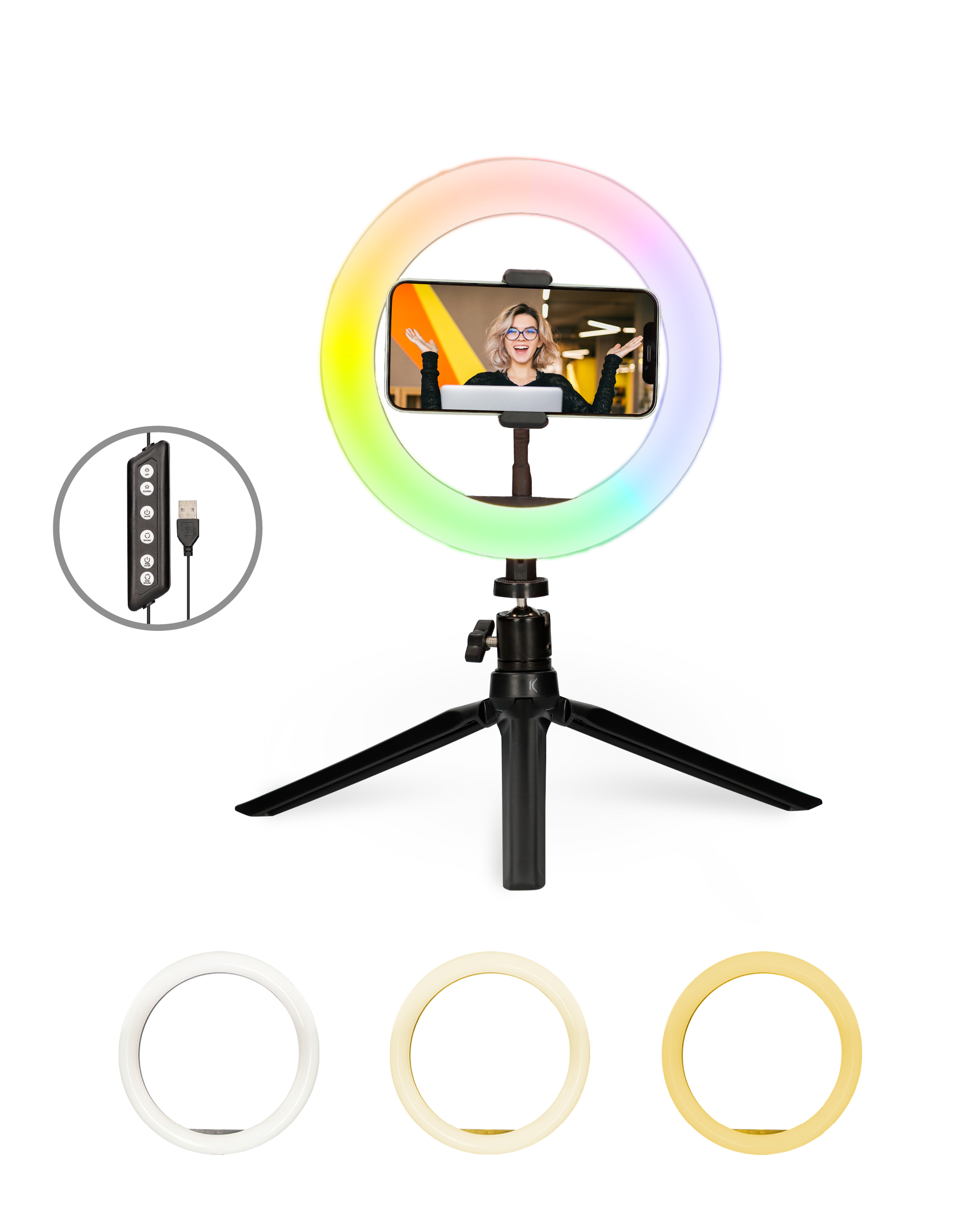 Soporte con Aro de Luz LED - Kit Studio Live Colores Aro de Luz Colores con Trípode para Smartphone KSIX, Negro