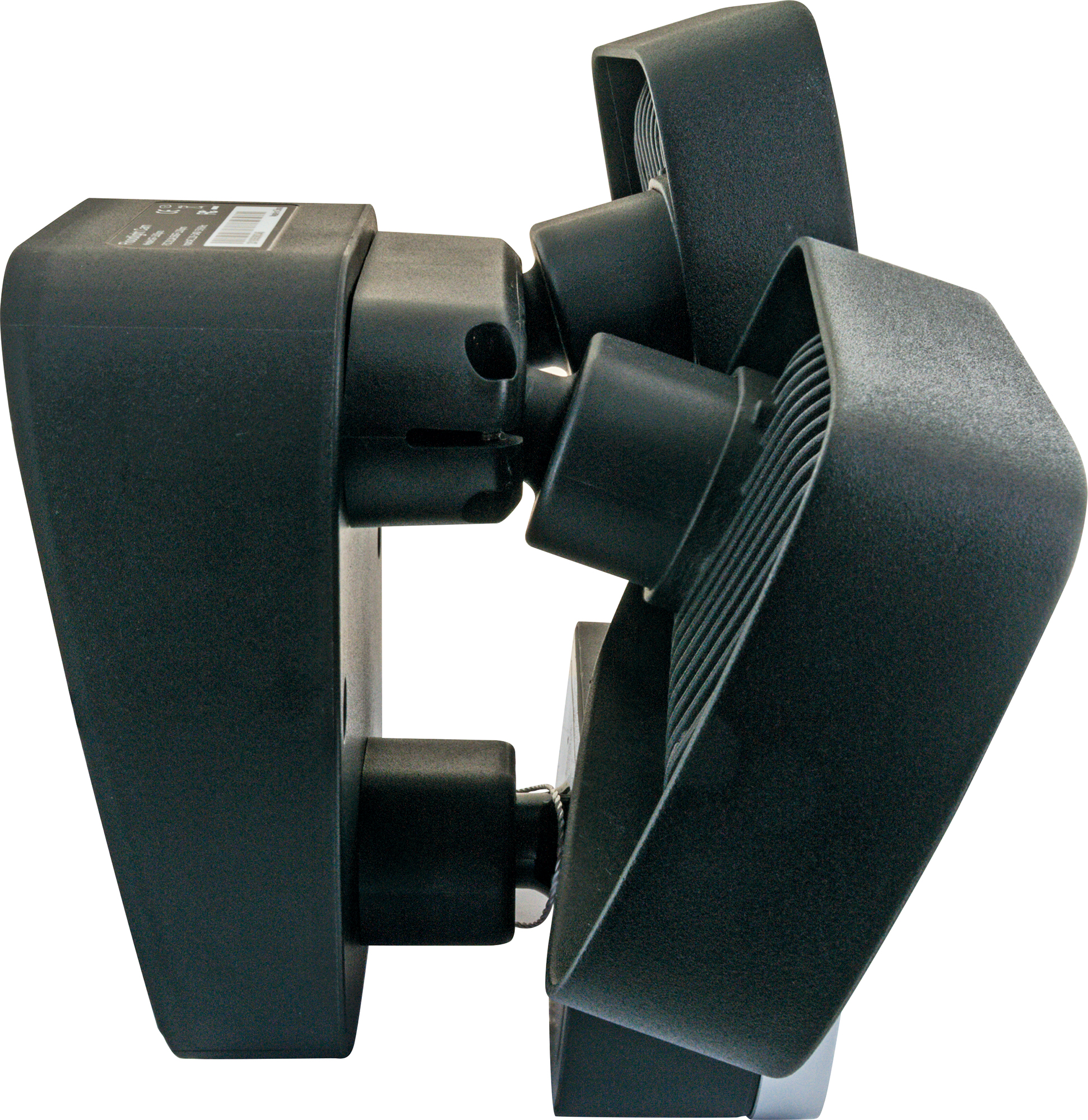 Zwei schwarze Ventilatoren, die miteinander verbunden sind. Sie sind abgewinkelt und haben eine zylindrische Form mit Gittern.