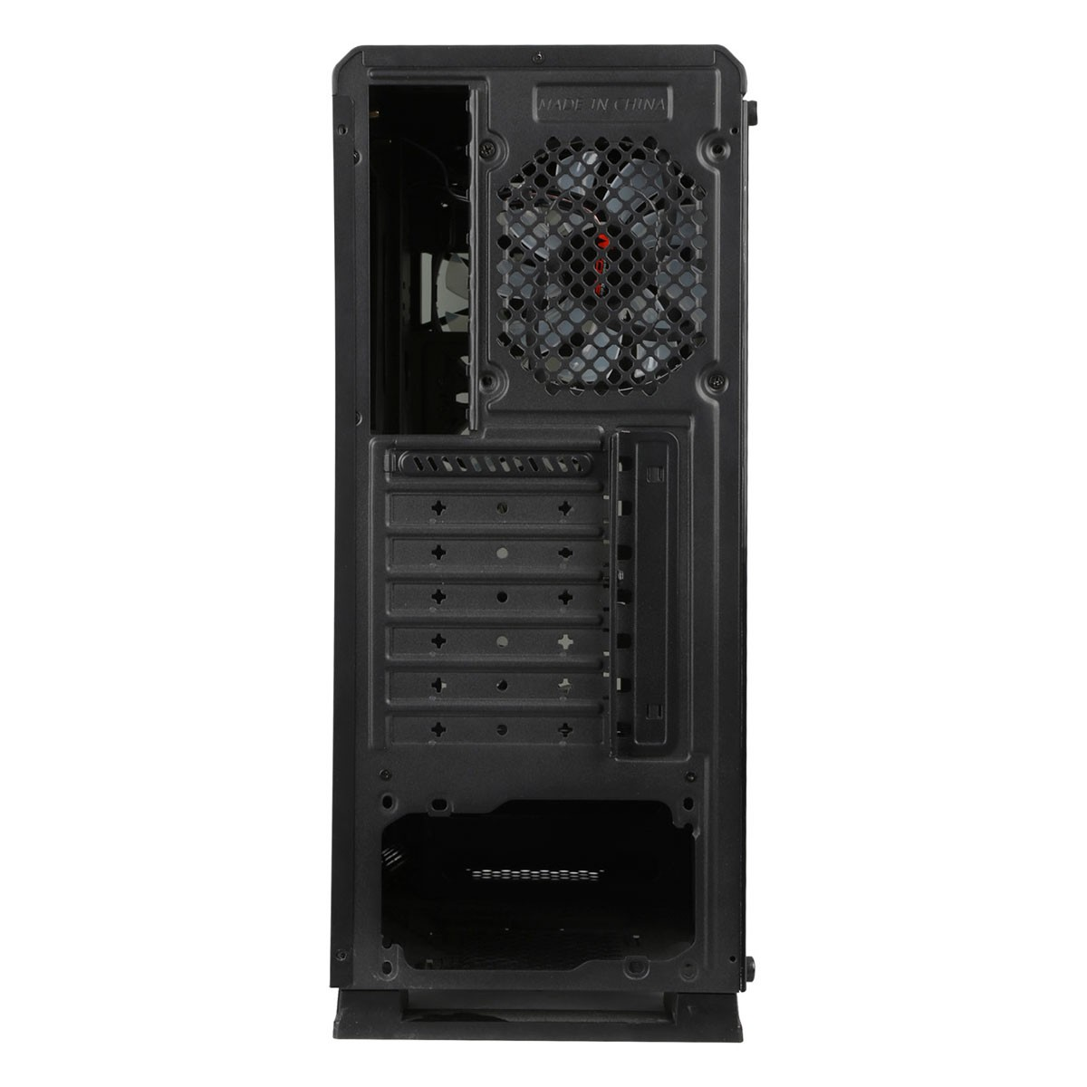 Parte trasera de una caja de ordenador negra con ventilador y otros componentes.