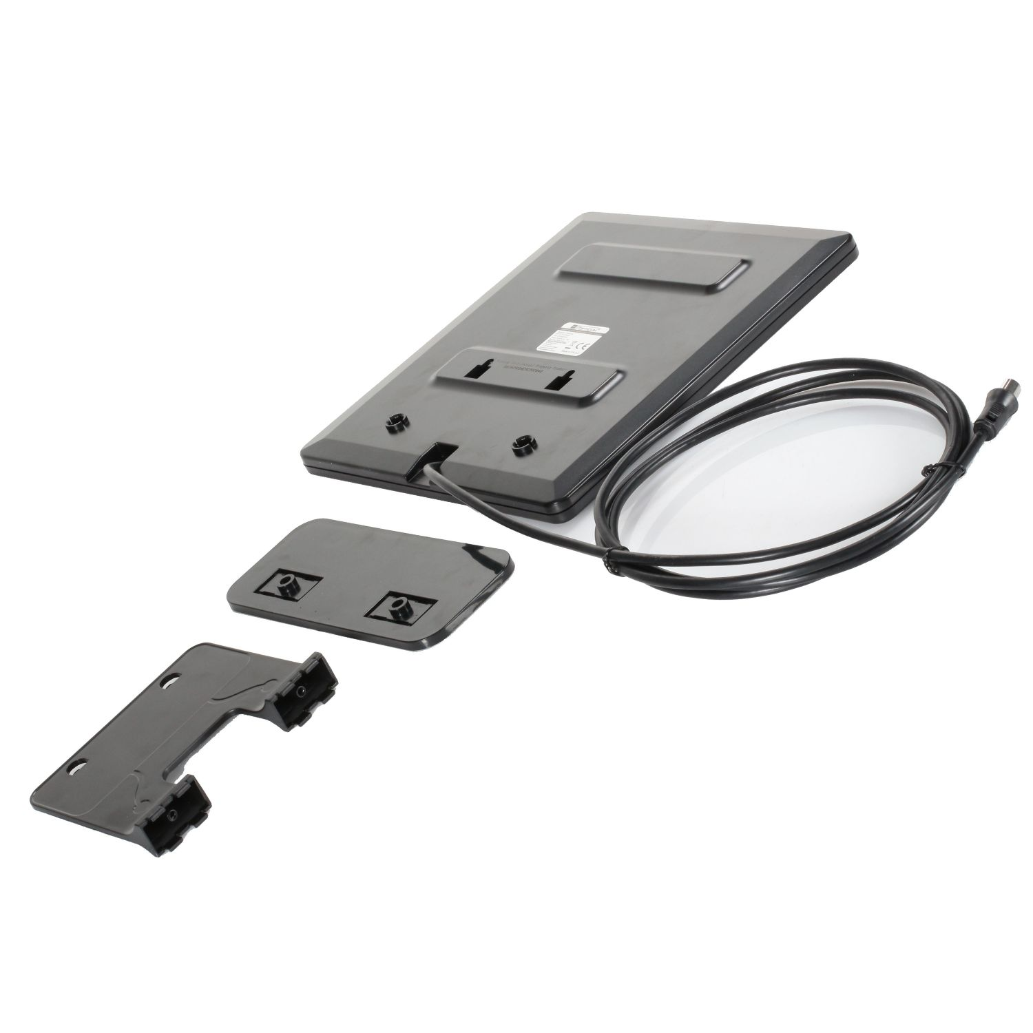Schwarze elektronische Gerätekomponenten auf weißem Hintergrund.