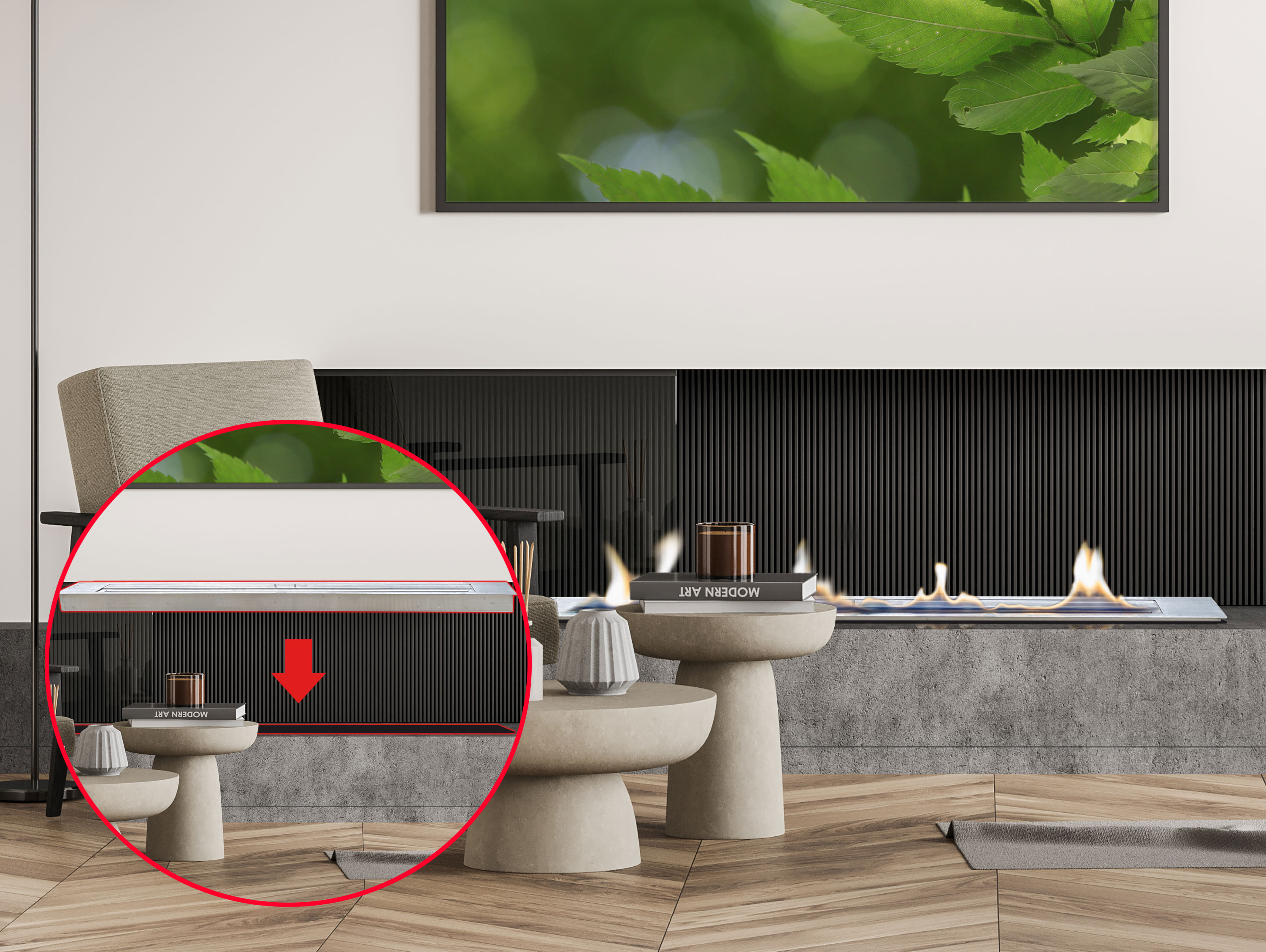 Interior de sala de estar con chimenea y muebles.