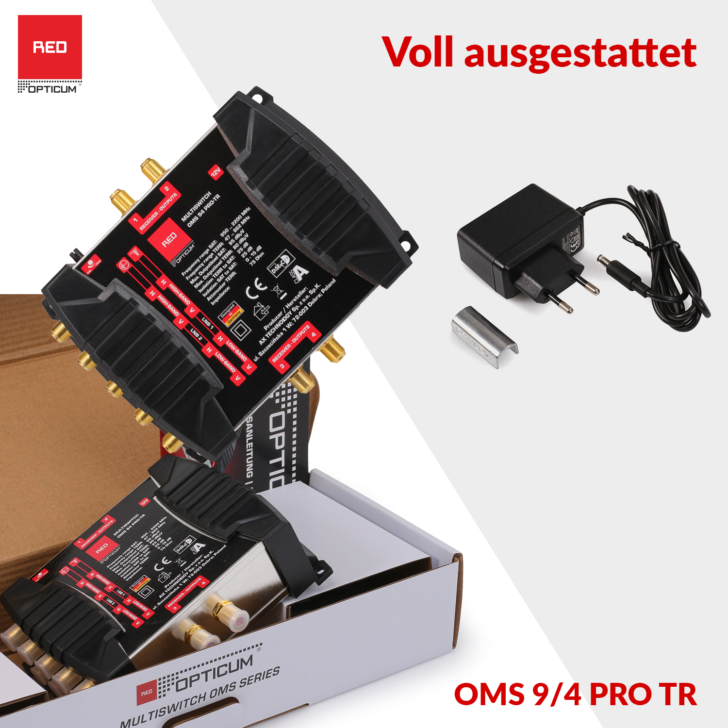 Multiswitch OMS 9/4 PRO TR mit Zubehör und Text 'Voll ausgestattet'.