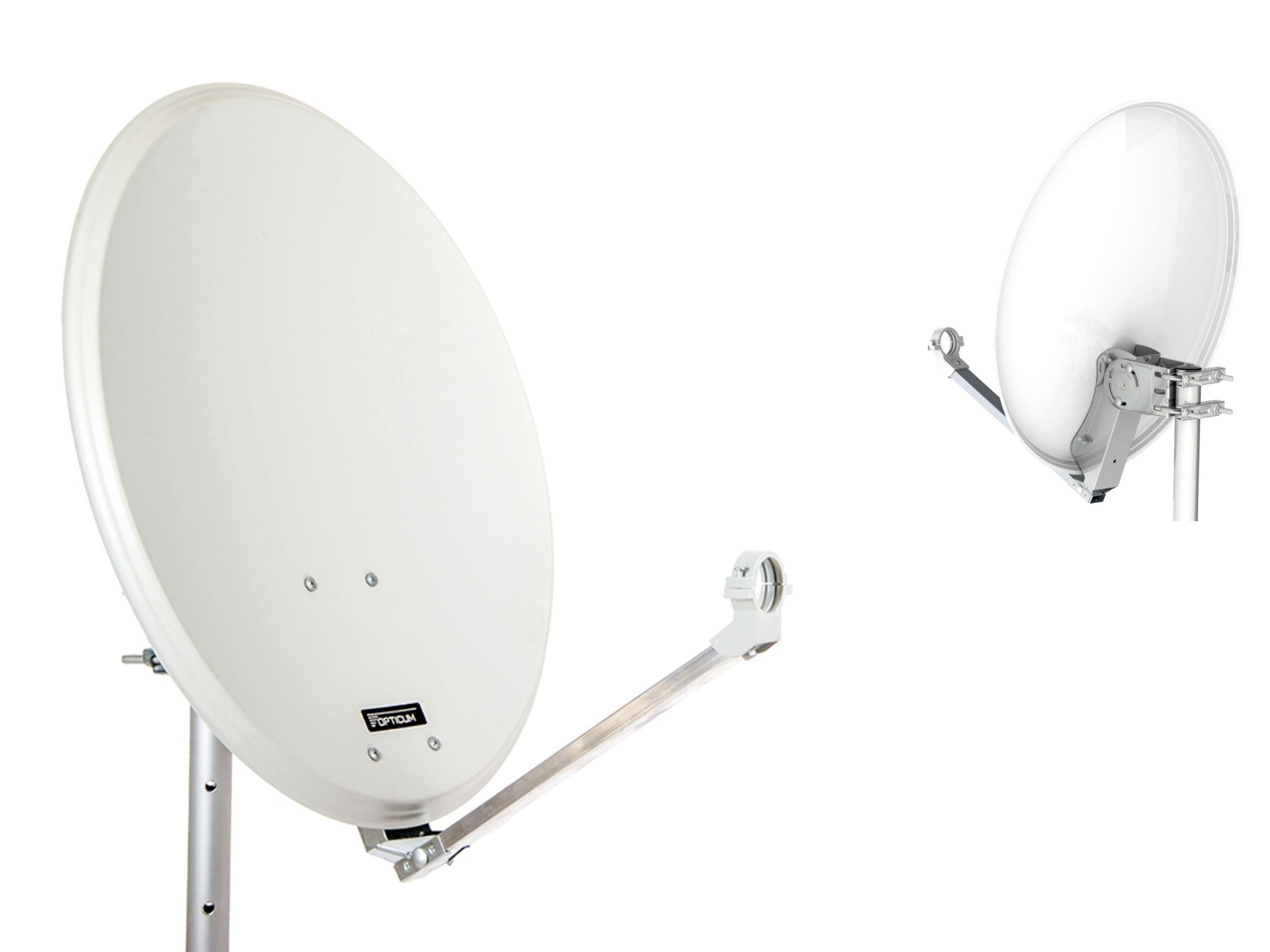 Zwei weiße Satellitenschüsseln auf weißem Hintergrund, eine mit Halterung.