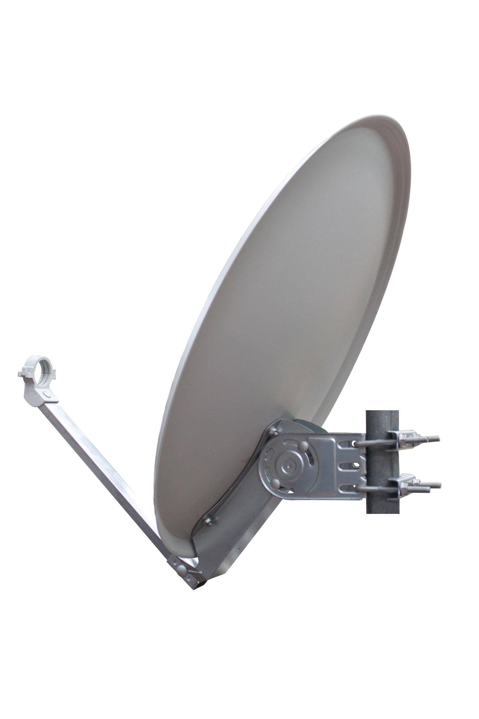 Weiße Satellitenschüssel nach oben gerichtet, an einer Stange befestigt, vor weißem Hintergrund.