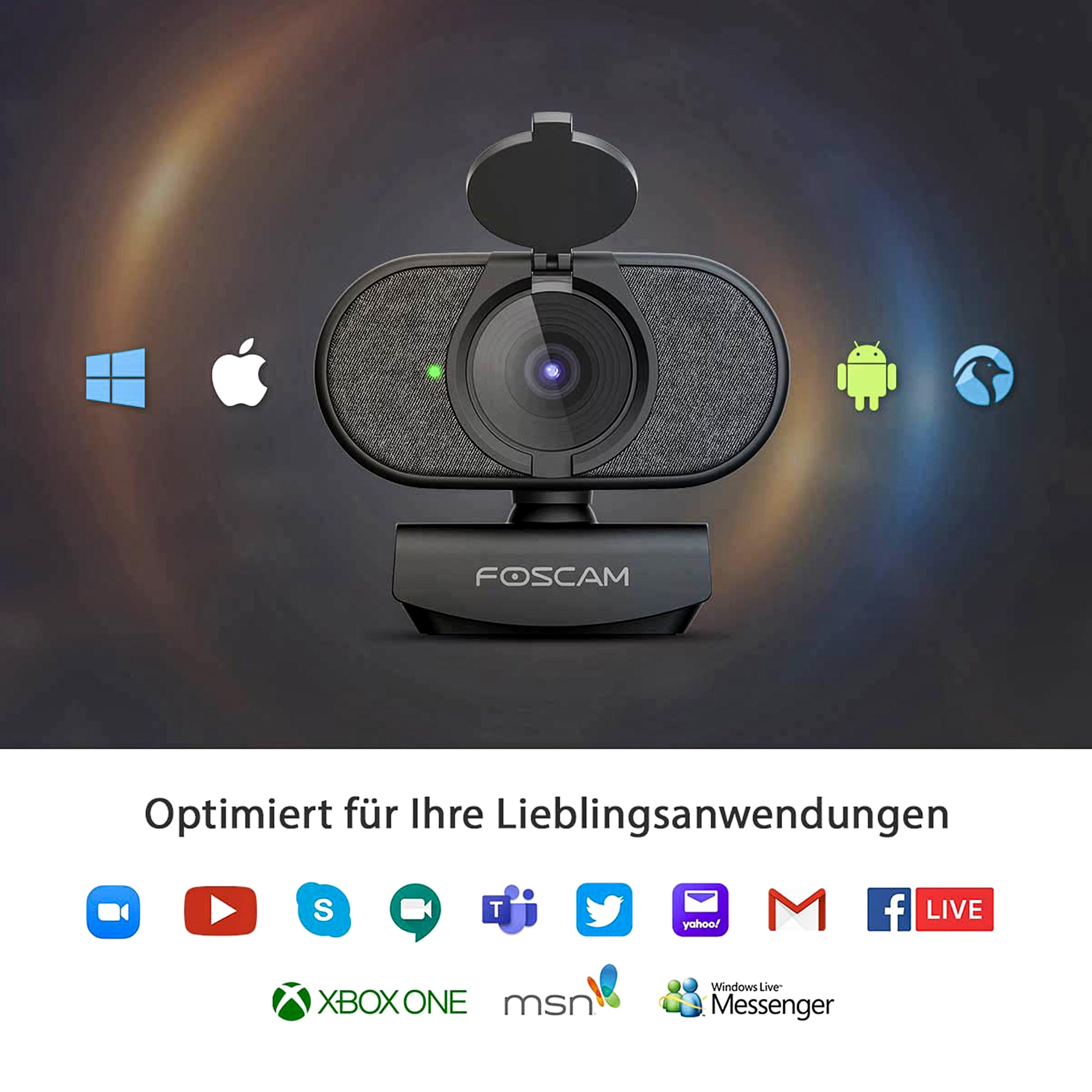 Black webcam with a lens. Logos of various apps are displayed. The brand name is Foscam.